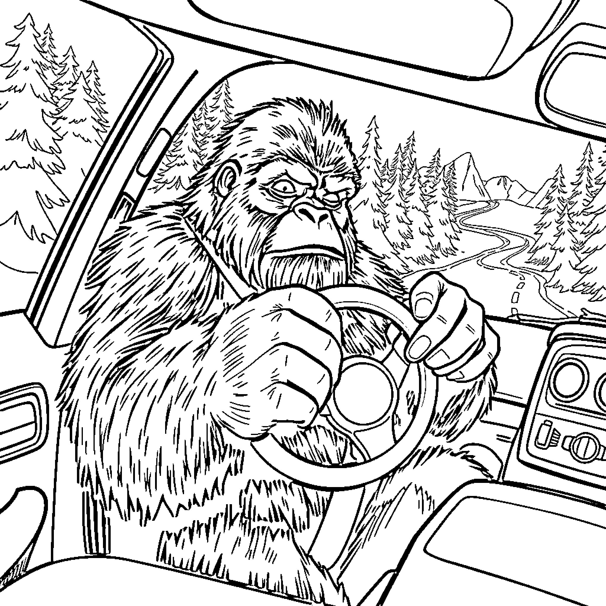 Sasquatch driving an off-road vehicle through the forest Coloring Page (free black-and-white line drawing printable PDF for all, from beginners to advanced learners, including children, teens, adults, and seniors)