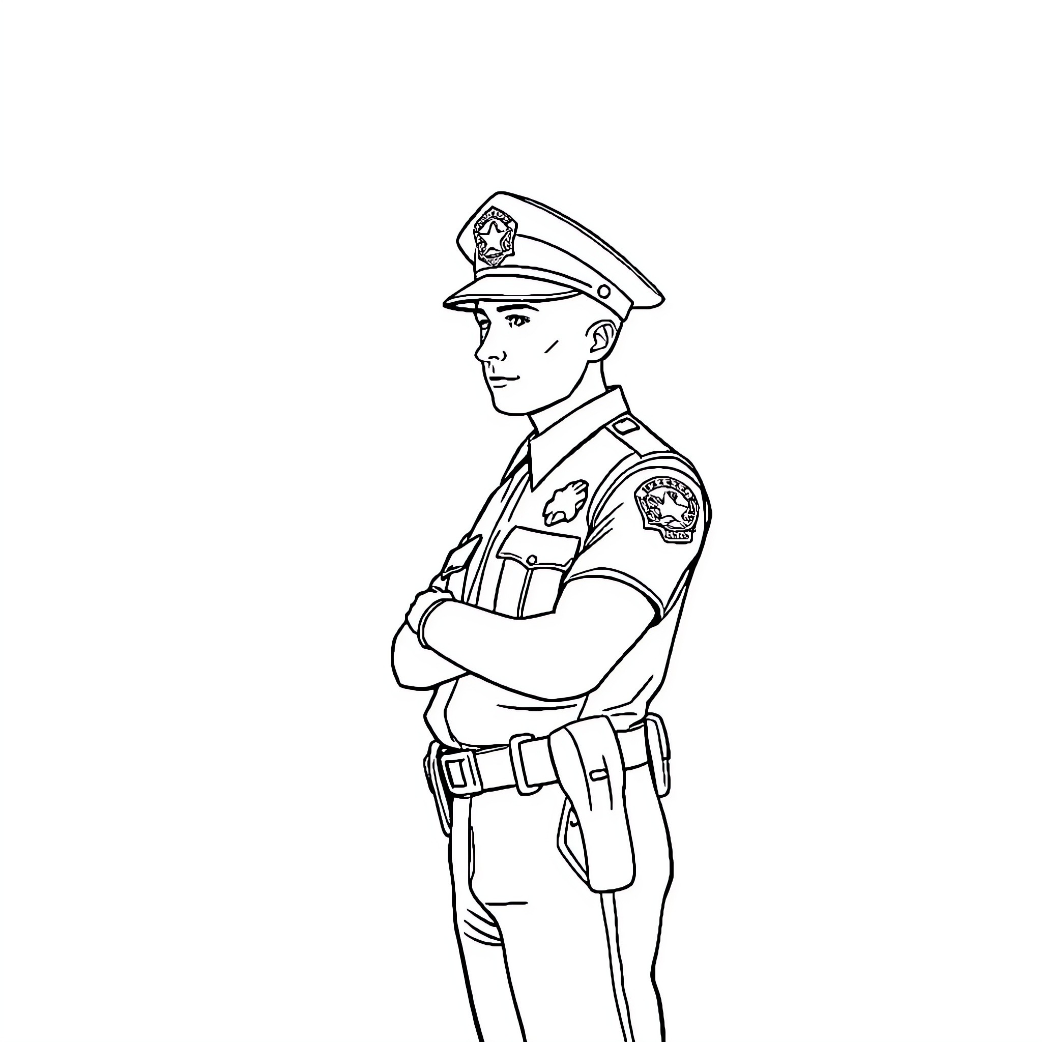 Police Officer in Uniform Posing with Crossed Arms Coloring Page (free black-and-white line drawing printable PDF for all, from beginners to advanced learners, including children, teens, adults, and seniors)