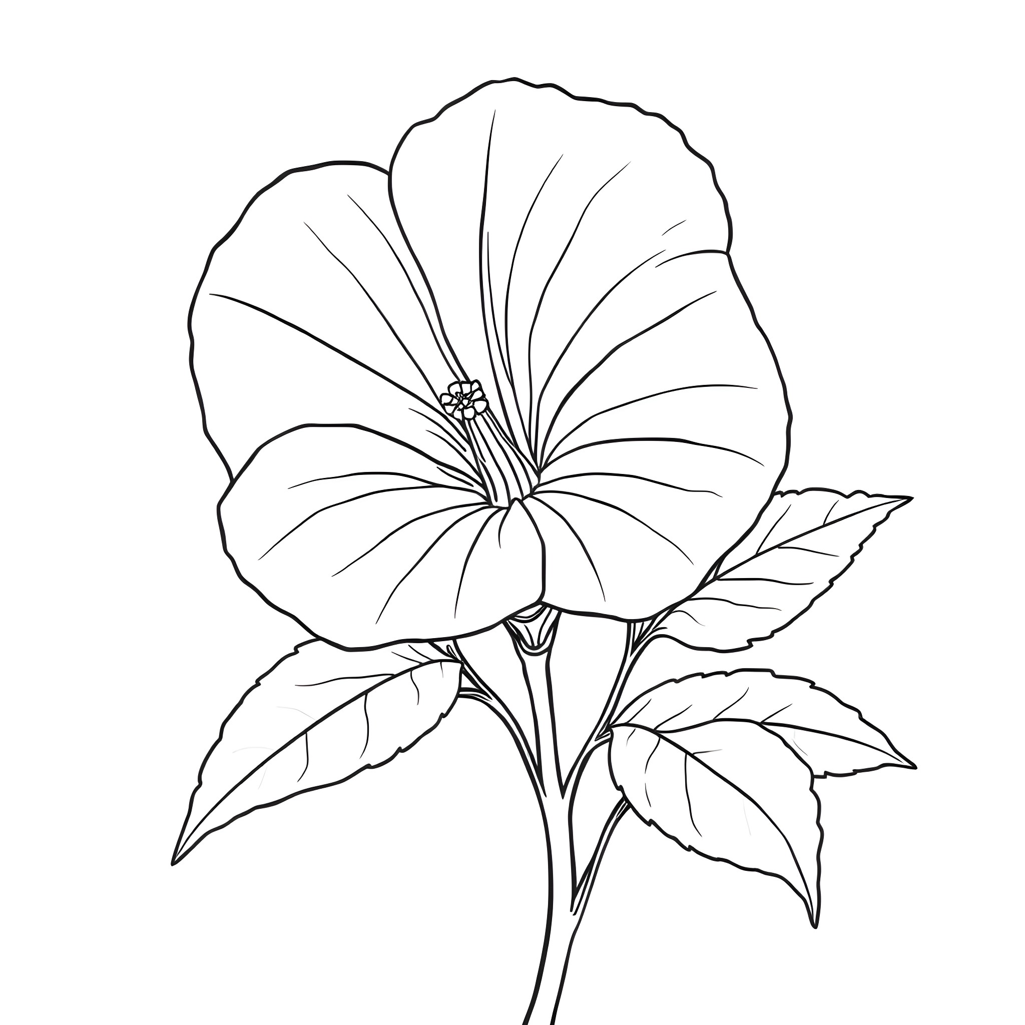 Petunia flower with detailed leaves and petals Coloring Page (free black-and-white line drawing printable PDF for all, from beginners to advanced learners, including children, teens, adults, and seniors)