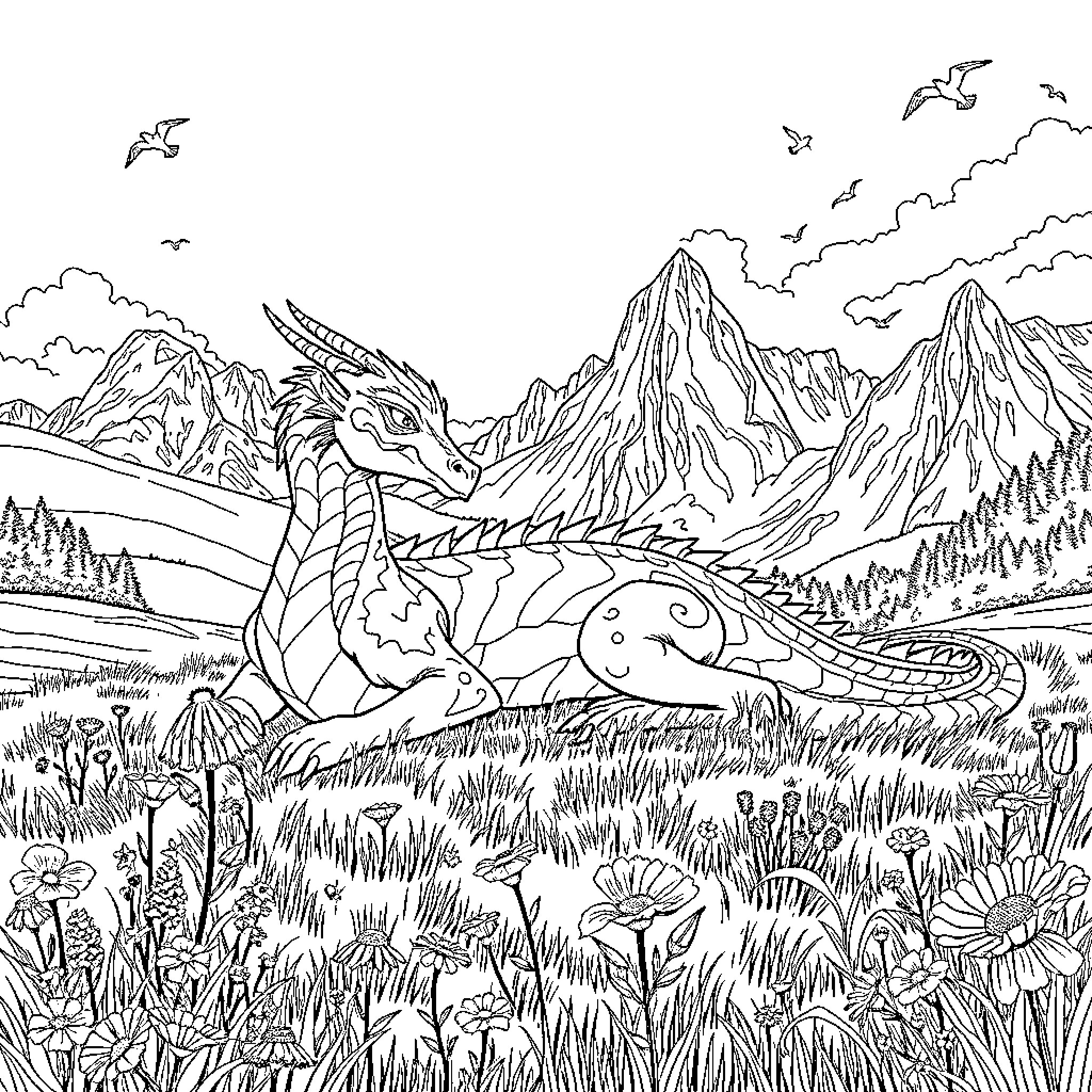 Dragon relaxing in a majestic mountain landscape Coloring Page (free black-and-white line drawing printable PDF for all, from beginners to advanced learners, including children, teens, adults, and seniors)
