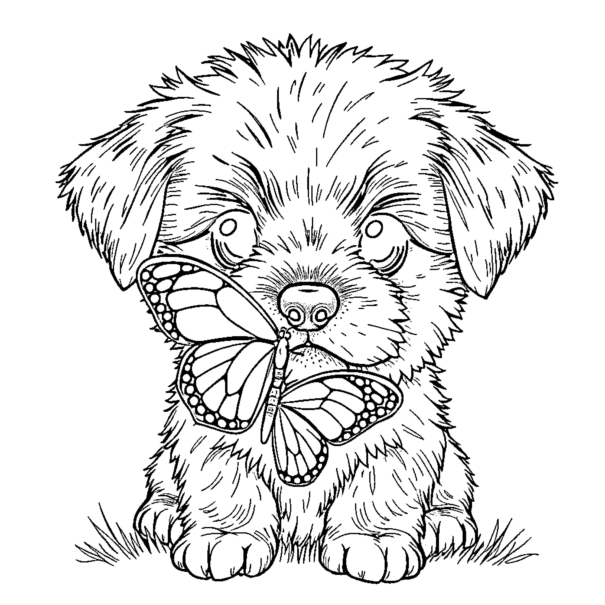 Puppy with a butterfly on its nose Coloring Page (free black-and-white line drawing printable PDF for all, from beginners to advanced learners, including children, teens, adults, and seniors)