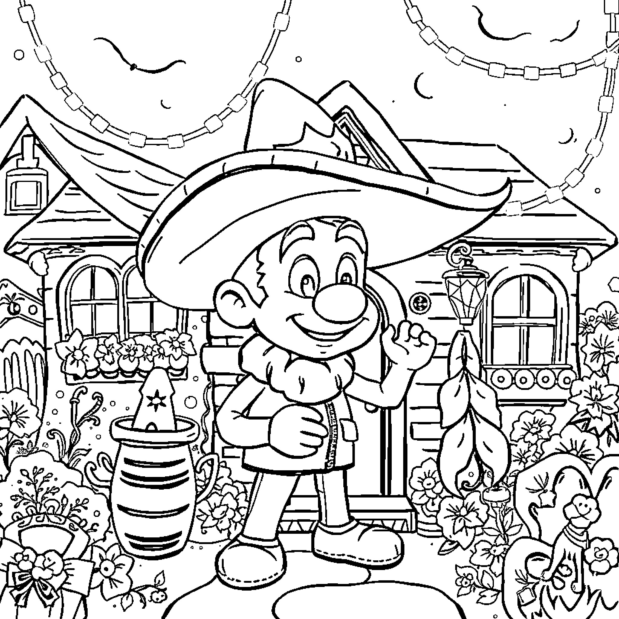 Jack's Delightful Adventure in a Whimsical Town Coloring Page (free black-and-white line drawing printable PDF for all, from beginners to advanced learners, including children, teens, adults, and seniors)