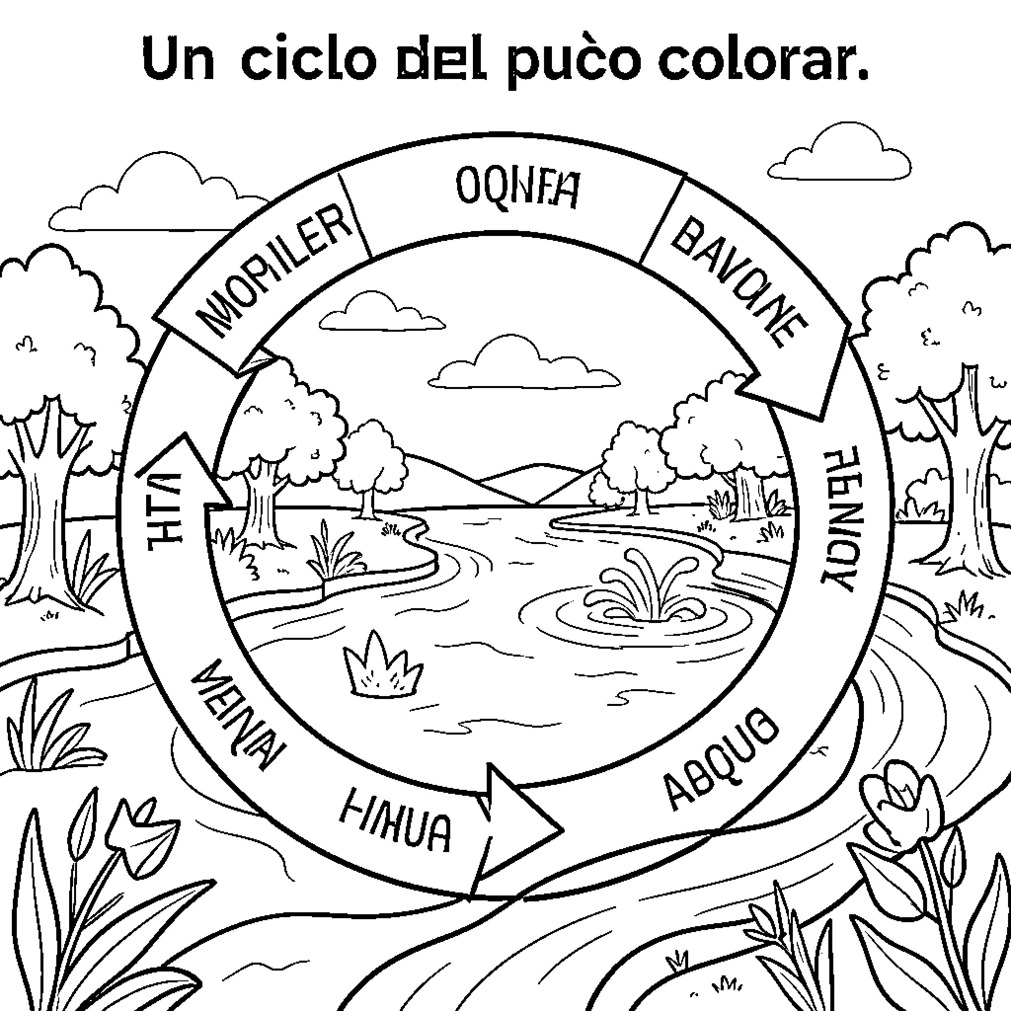 Water Cycle diagram with arrows and landscape elements Coloring Page (free black-and-white line drawing printable PDF for all, from beginners to advanced learners, including children, teens, adults, and seniors)