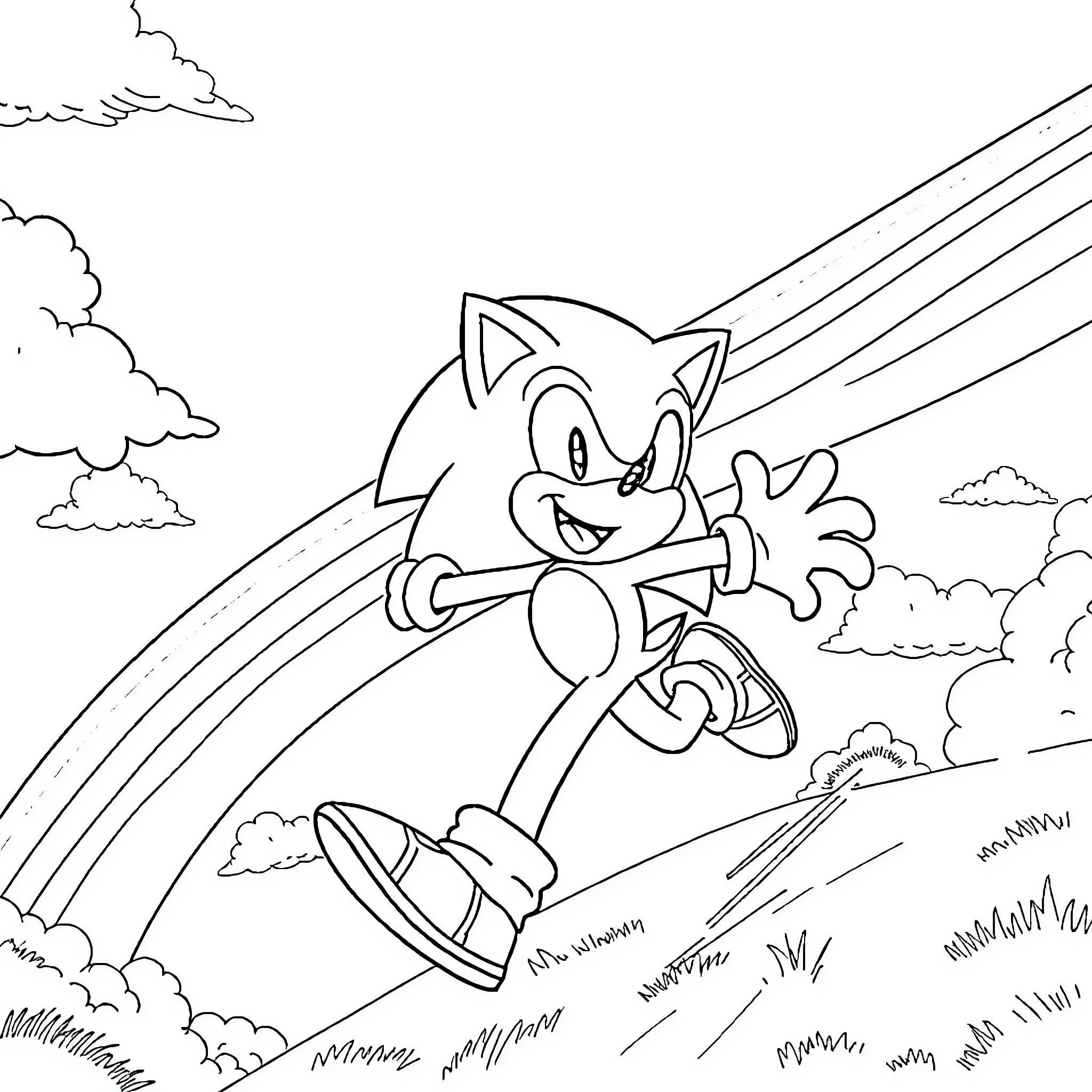 Sonic speeding through the countryside Coloring Page (free black-and-white line drawing printable PDF for all, from beginners to advanced learners, including children, teens, adults, and seniors)