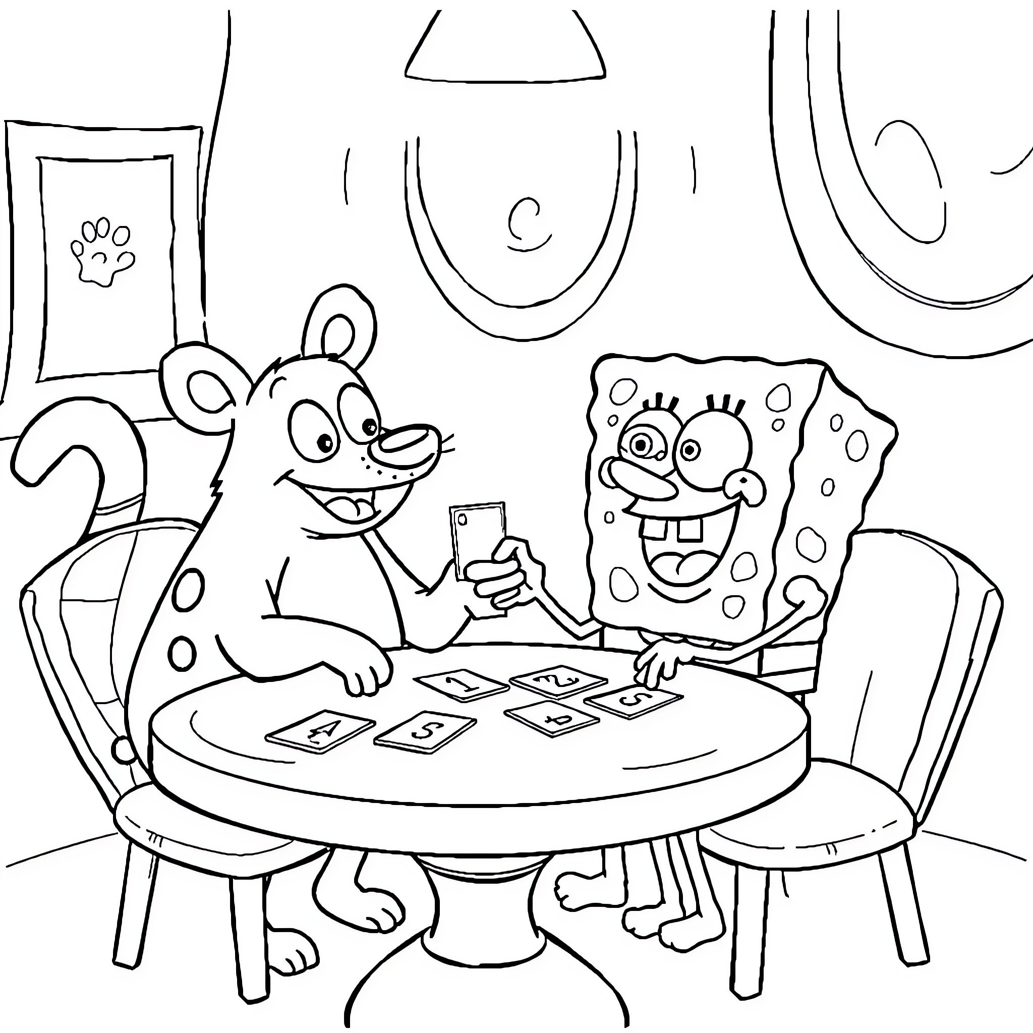 Animal Friends Playing Card Game Together Coloring Page (free black-and-white line drawing printable PDF for all, from beginners to advanced learners, including children, teens, adults, and seniors)