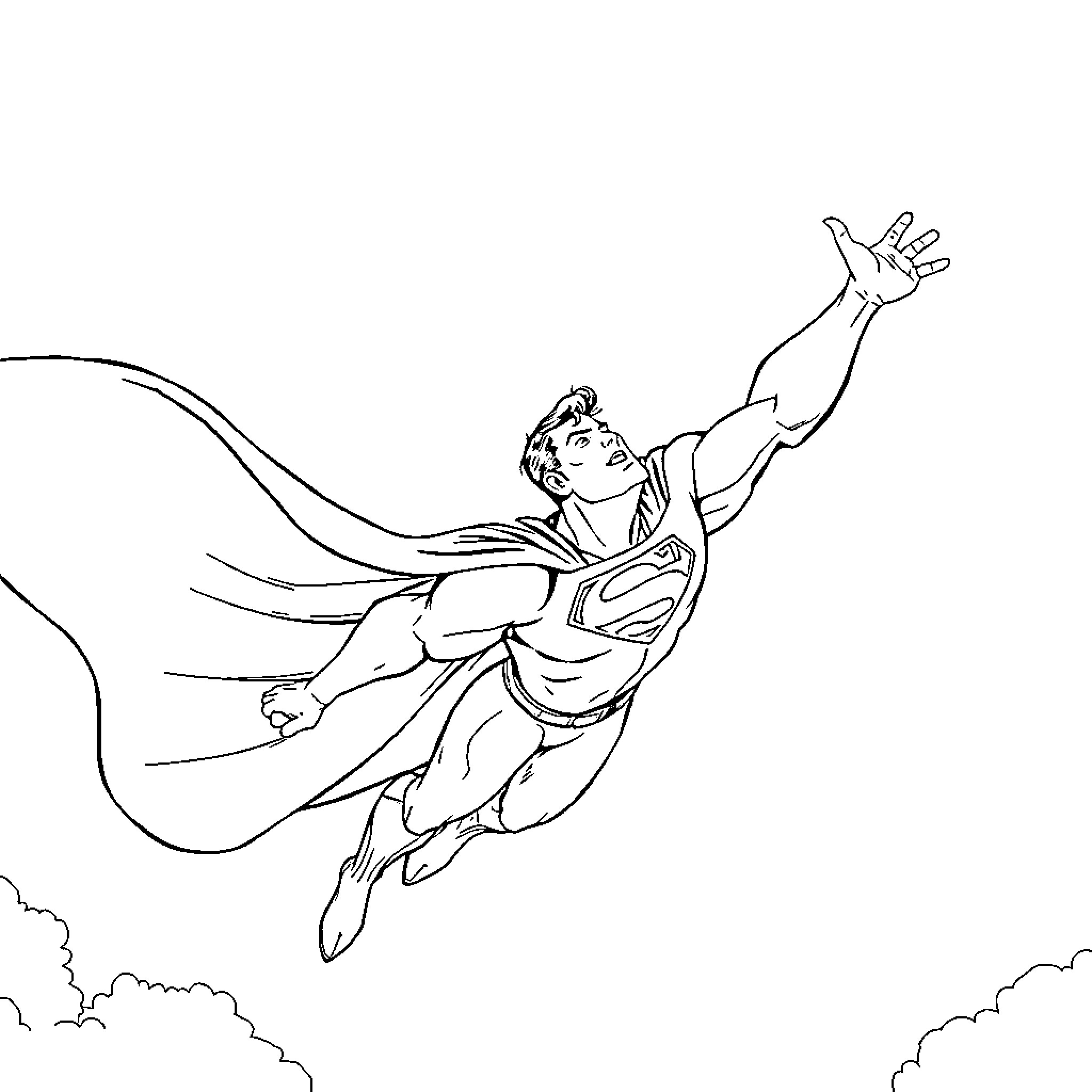 Superman soaring through the clouds with outstretched arms Coloring Page (free black-and-white line drawing printable PDF for all, from beginners to advanced learners, including children, teens, adults, and seniors)