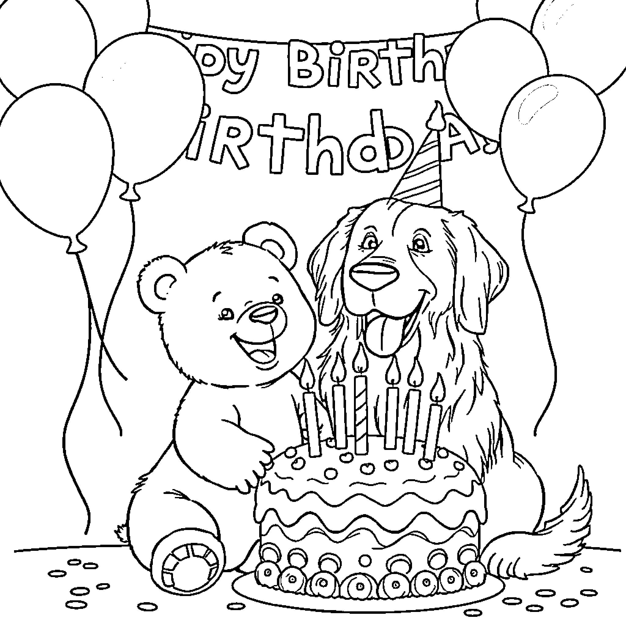 Bear celebrating joyful birthday with dog Coloring Page (free black-and-white line drawing printable PDF for all, from beginners to advanced learners, including children, teens, adults, and seniors)