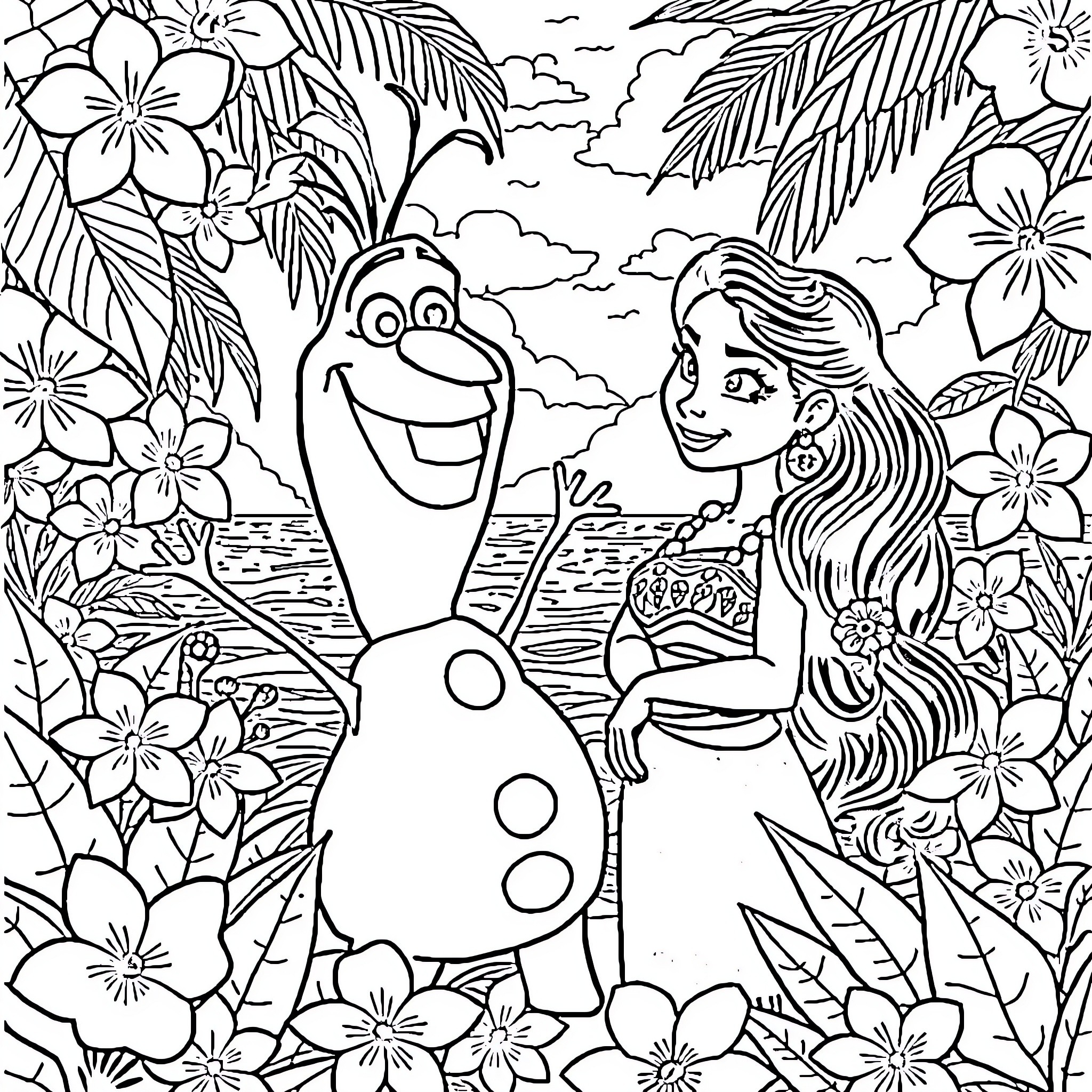 Vaiana and Olaf exploring the tropical paradise Coloring Page (free black-and-white line drawing printable PDF for all, from beginners to advanced learners, including children, teens, adults, and seniors)
