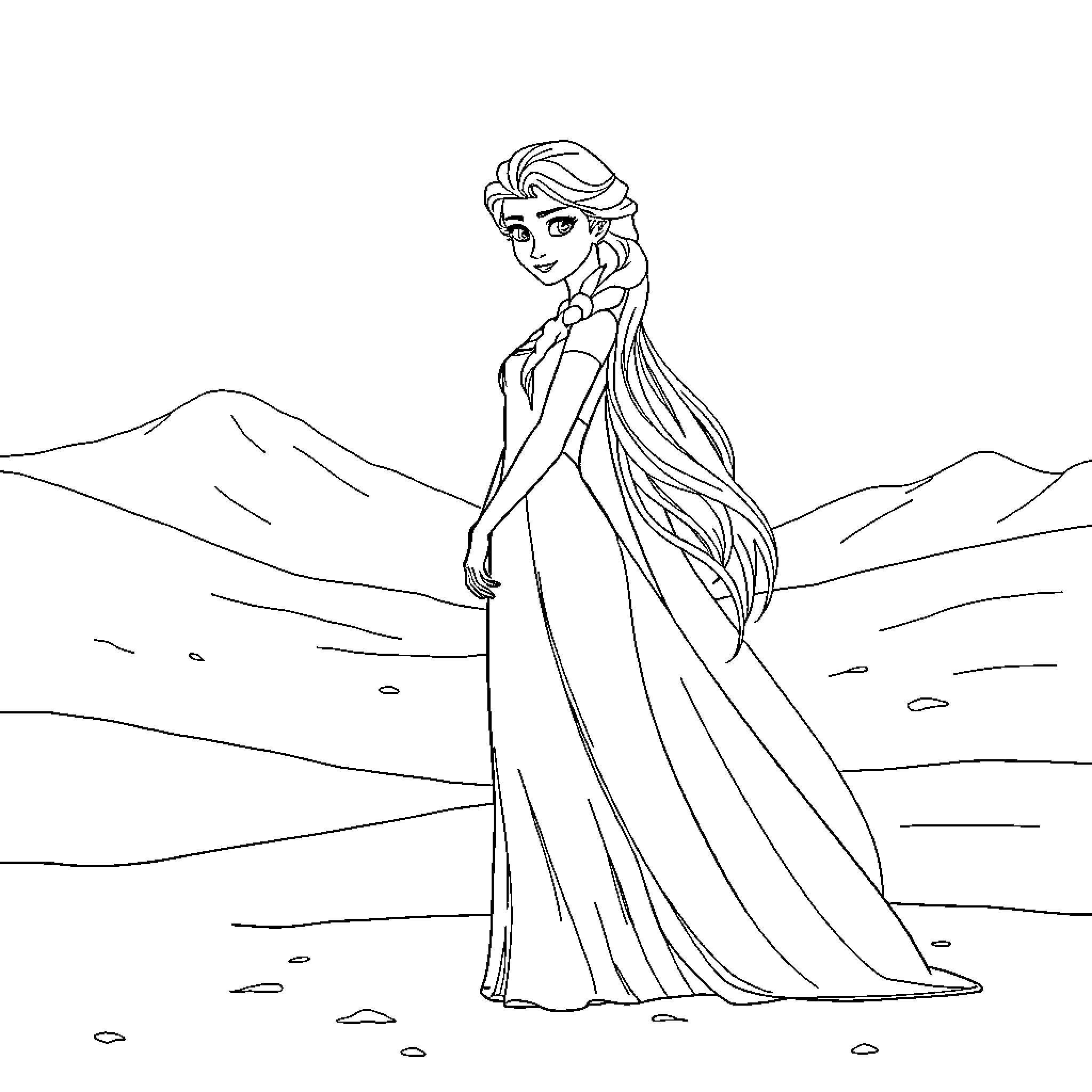 Elsa admiring the snowy mountain landscape Coloring Page (free black-and-white line drawing printable PDF for all, from beginners to advanced learners, including children, teens, adults, and seniors)