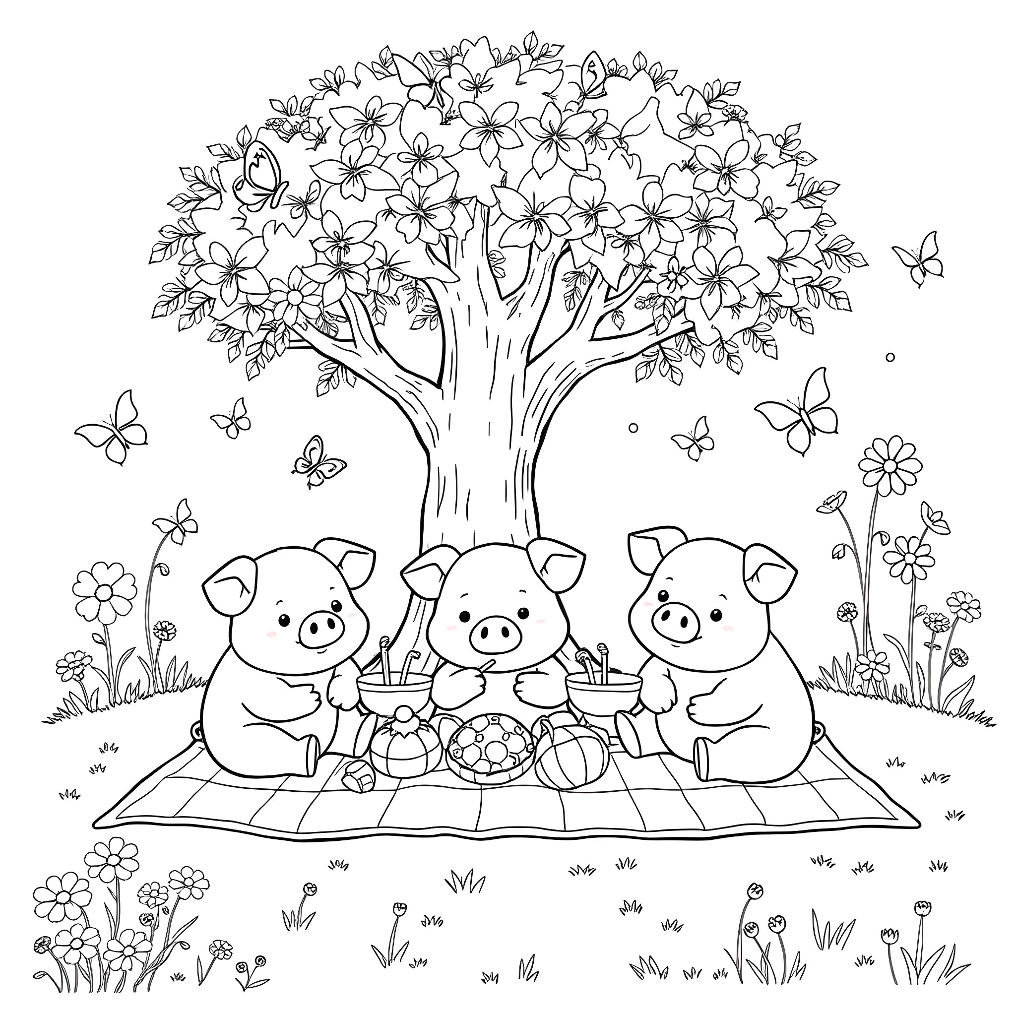 Pigs Enjoying a Picnic Under a Blossoming Tree Coloring Page (free black-and-white line drawing printable PDF for all, from beginners to advanced learners, including children, teens, adults, and seniors)