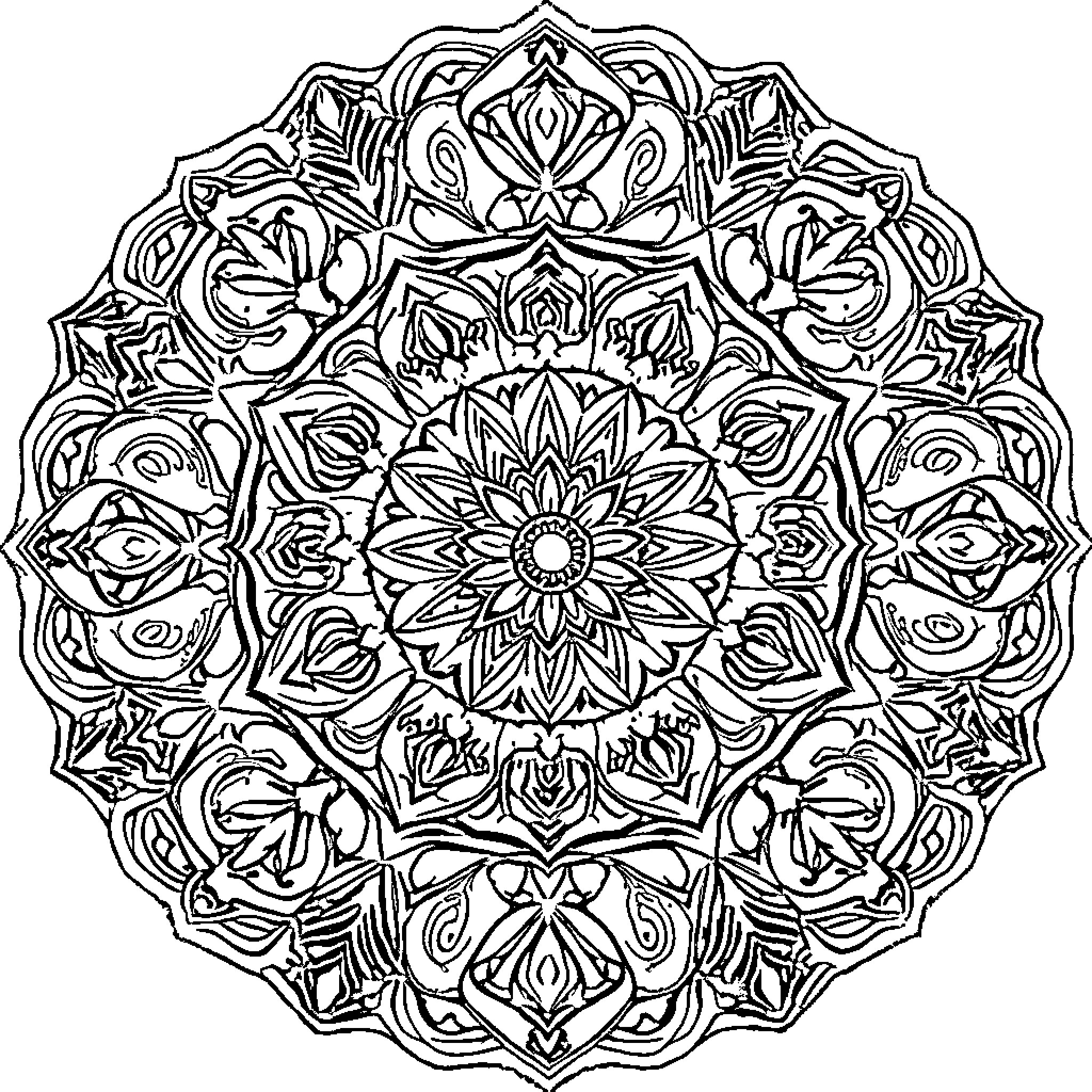 Mandala of intricate floral patterns and geometric designs Coloring Page (free black-and-white line drawing printable PDF for all, from beginners to advanced learners, including children, teens, adults, and seniors)
