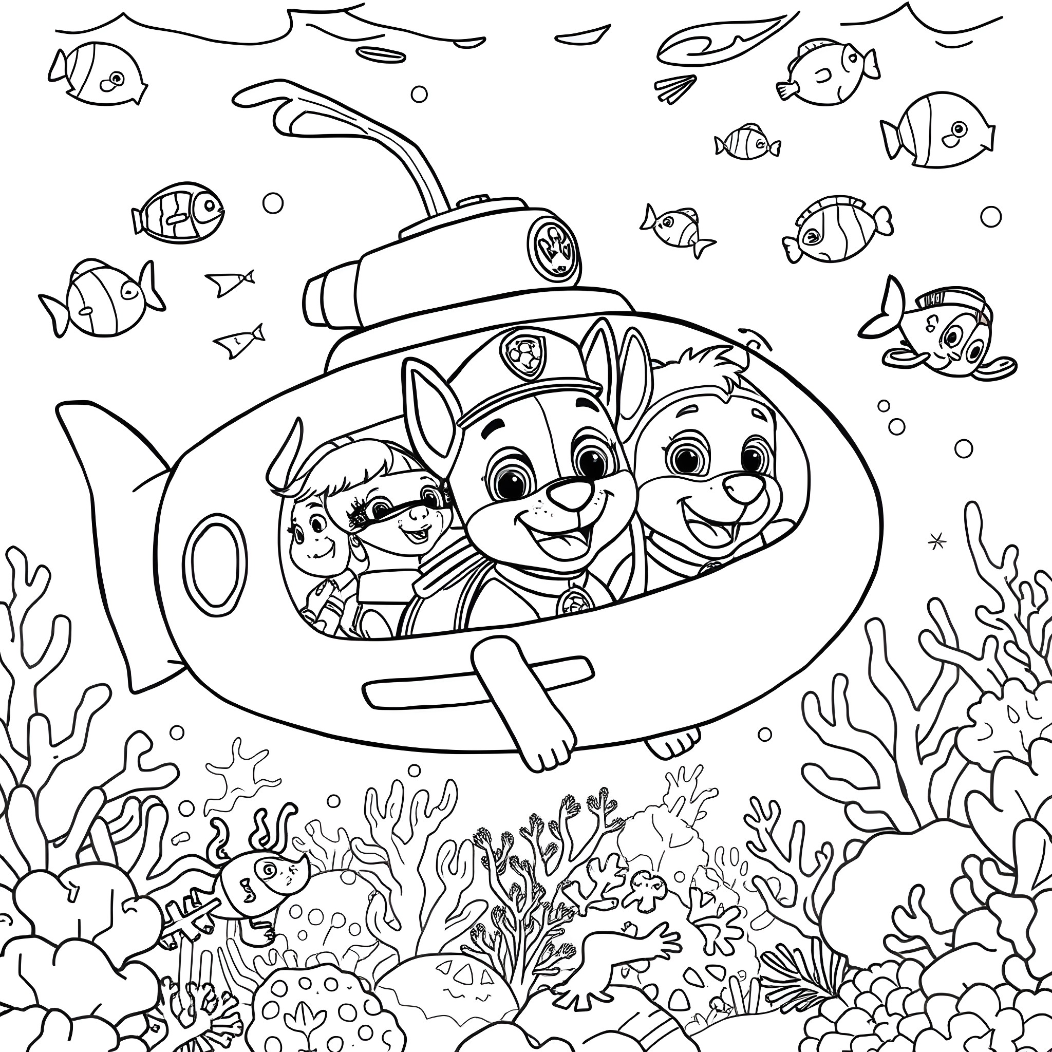 Paw Patrol Exploring the Underwater World Coloring Page (free black-and-white line drawing printable PDF for all, from beginners to advanced learners, including children, teens, adults, and seniors)