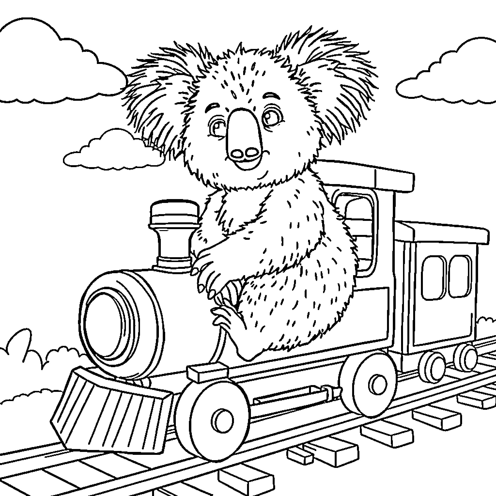 Koala enjoying a train ride through the clouds Coloring Page (free black-and-white line drawing printable PDF for all, from beginners to advanced learners, including children, teens, adults, and seniors)