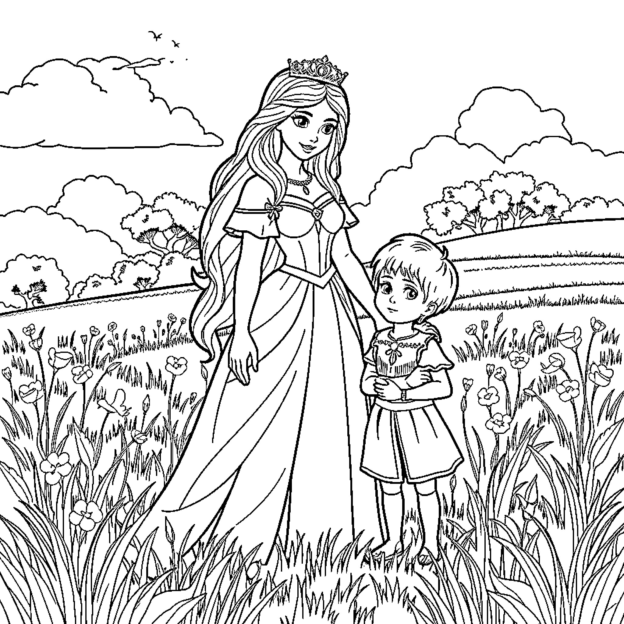 Princess and child exploring enchanted meadow Coloring Page (free black-and-white line drawing printable PDF for all, from beginners to advanced learners, including children, teens, adults, and seniors)