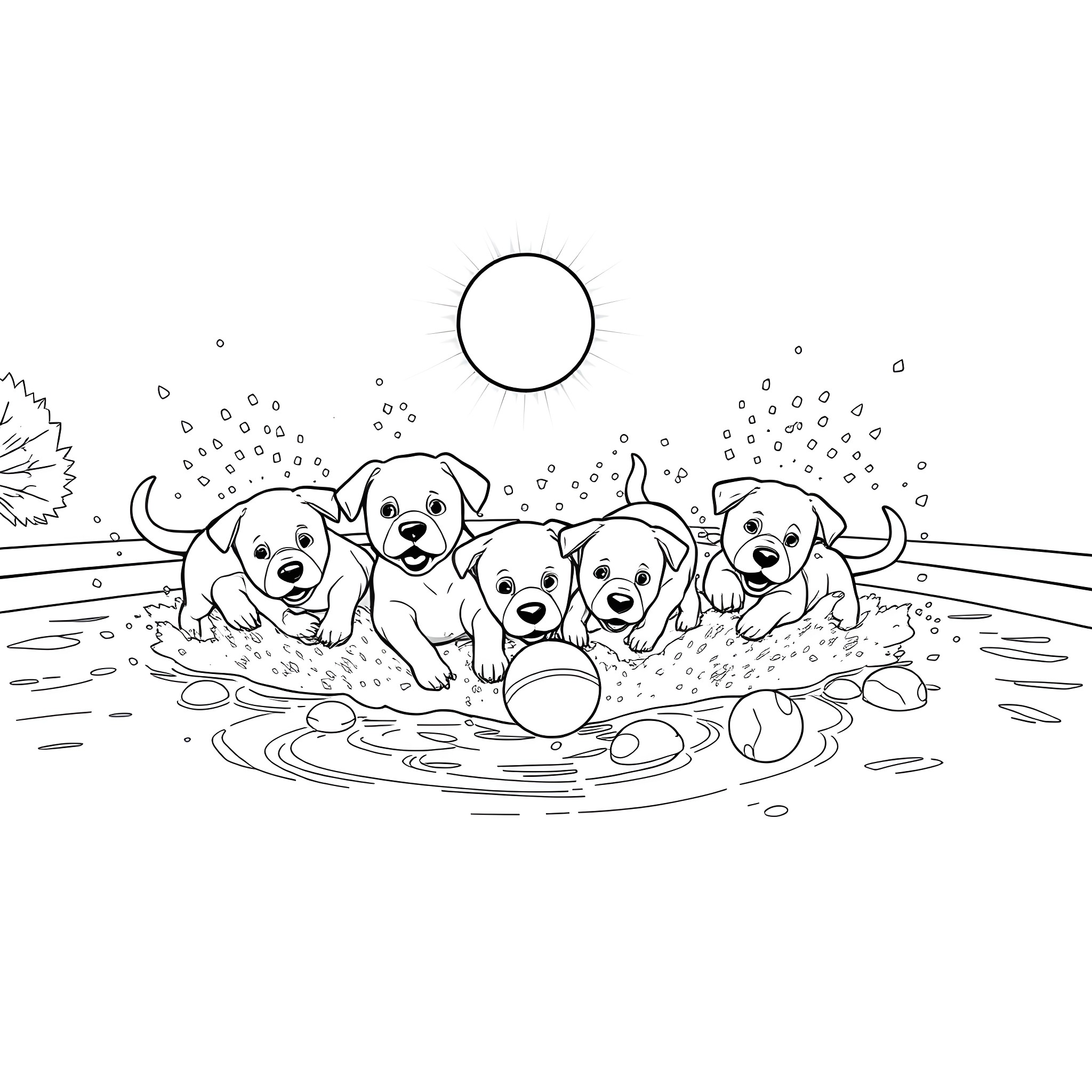 Puppies playing joyfully in the water Coloring Page (free black-and-white line drawing printable PDF for all, from beginners to advanced learners, including children, teens, adults, and seniors)