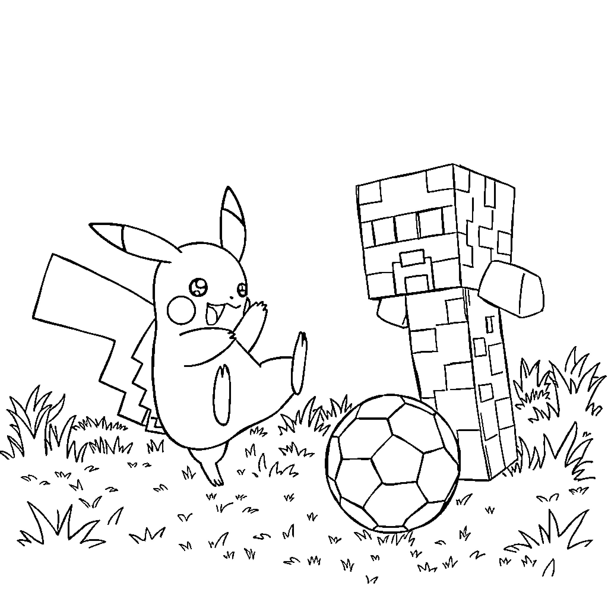 Pikachu playing soccer with a Minecraft character Coloring Page (free black-and-white line drawing printable PDF for all, from beginners to advanced learners, including children, teens, adults, and seniors)