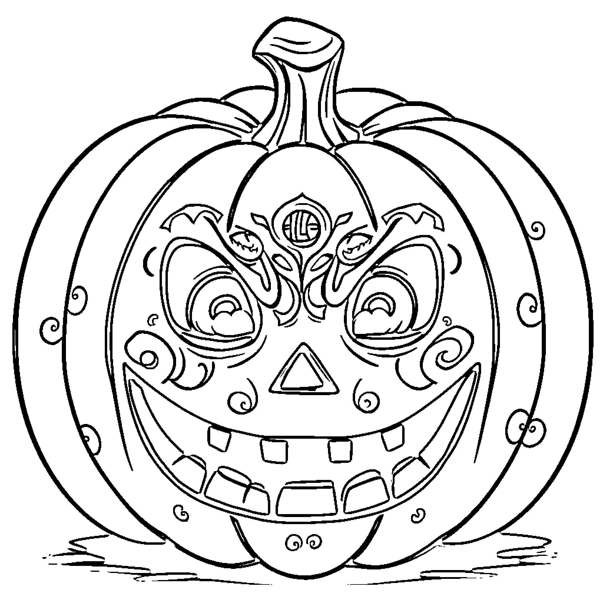 Pumpkin with intricate carved designs Coloring Page (free black-and-white line drawing printable PDF for all, from beginners to advanced learners, including children, teens, adults, and seniors)