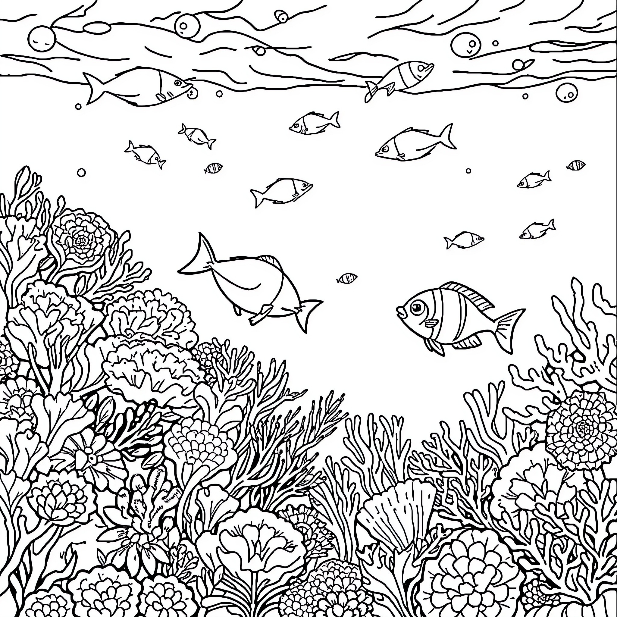 Underwater Coral Reef Teeming with Marine Life Coloring Page (free black-and-white line drawing printable PDF for all, from beginners to advanced learners, including children, teens, adults, and seniors)