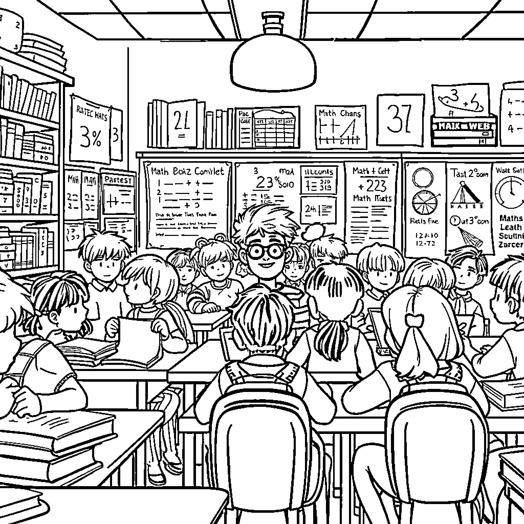 Waldo's Busy Classroom Adventures Coloring Page (free black-and-white line drawing printable PDF for all, from beginners to advanced learners, including children, teens, adults, and seniors)