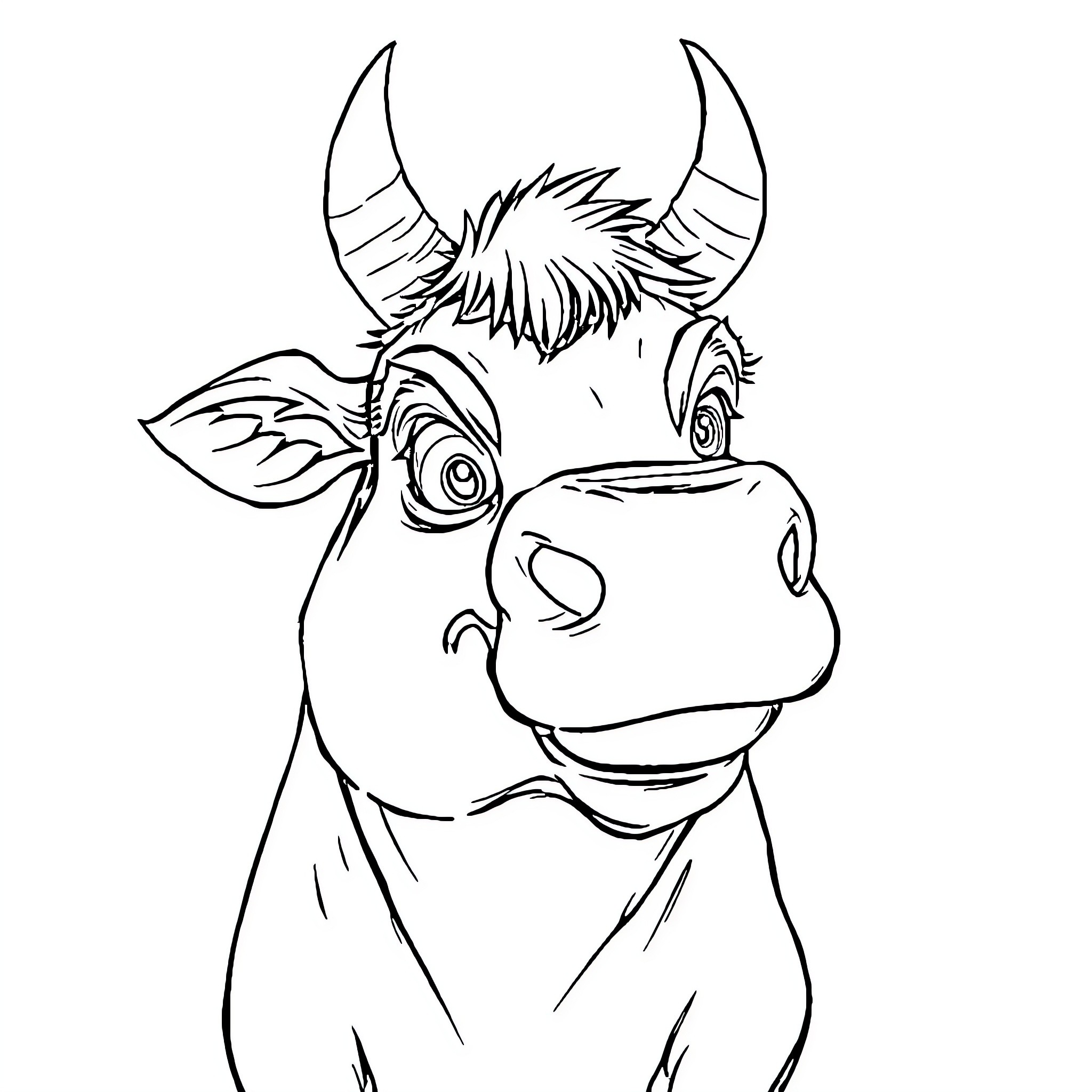 Bull with Lively Expression and Horns Coloring Page (free black-and-white line drawing printable PDF for all, from beginners to advanced learners, including children, teens, adults, and seniors)