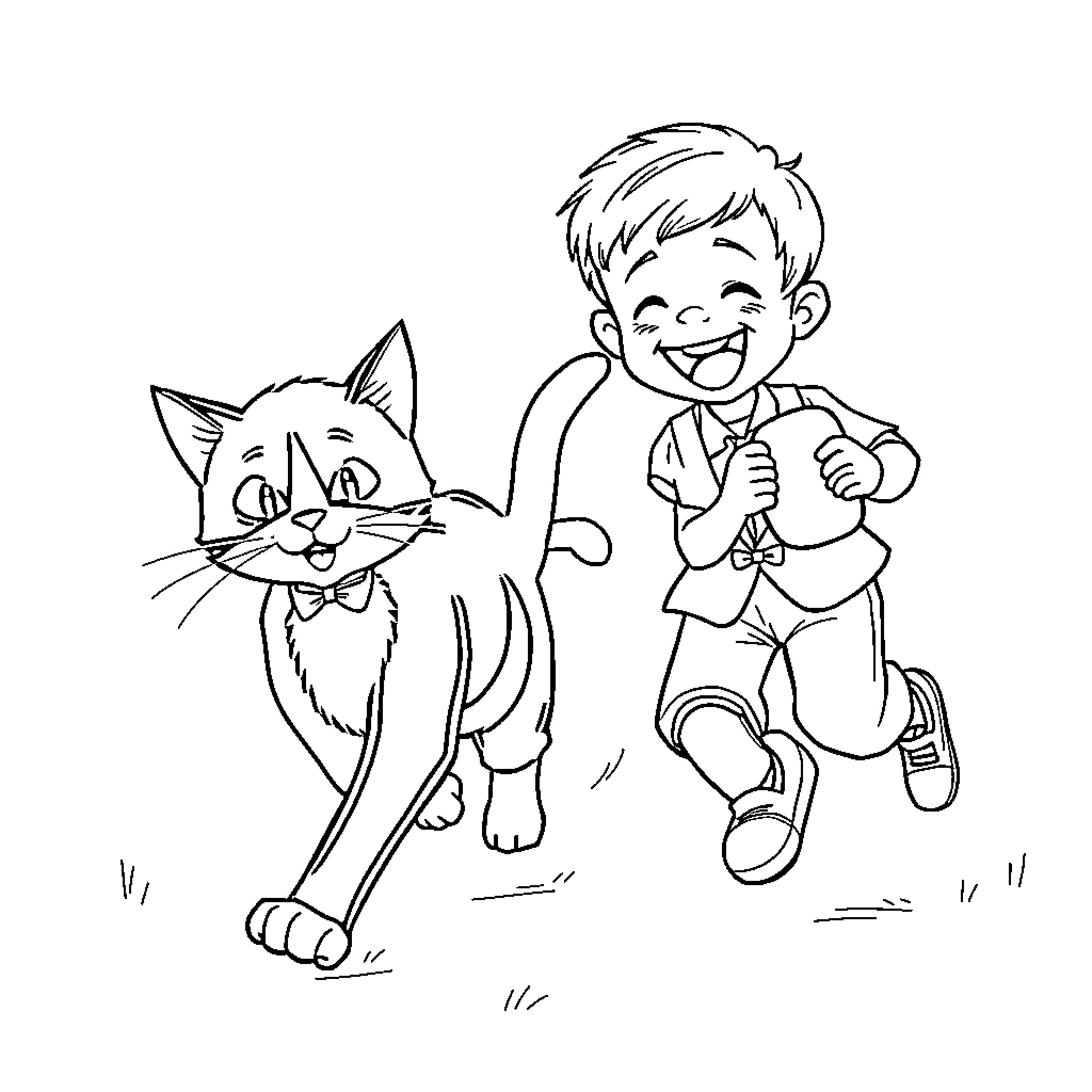 Cat and boy playing joyfully together Coloring Page (free black-and-white line drawing printable PDF for all, from beginners to advanced learners, including children, teens, adults, and seniors)