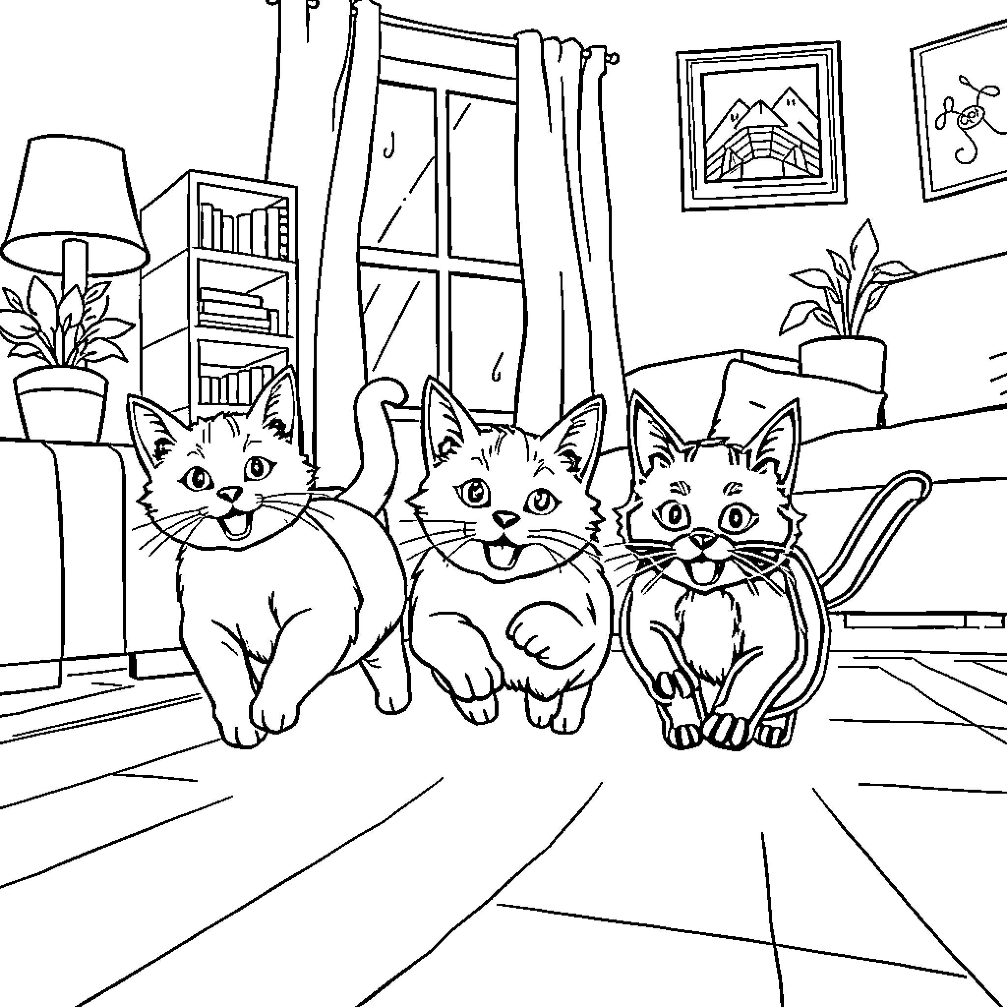 Cat trio posing playfully in cozy interior Coloring Page (free black-and-white line drawing printable PDF for all, from beginners to advanced learners, including children, teens, adults, and seniors)