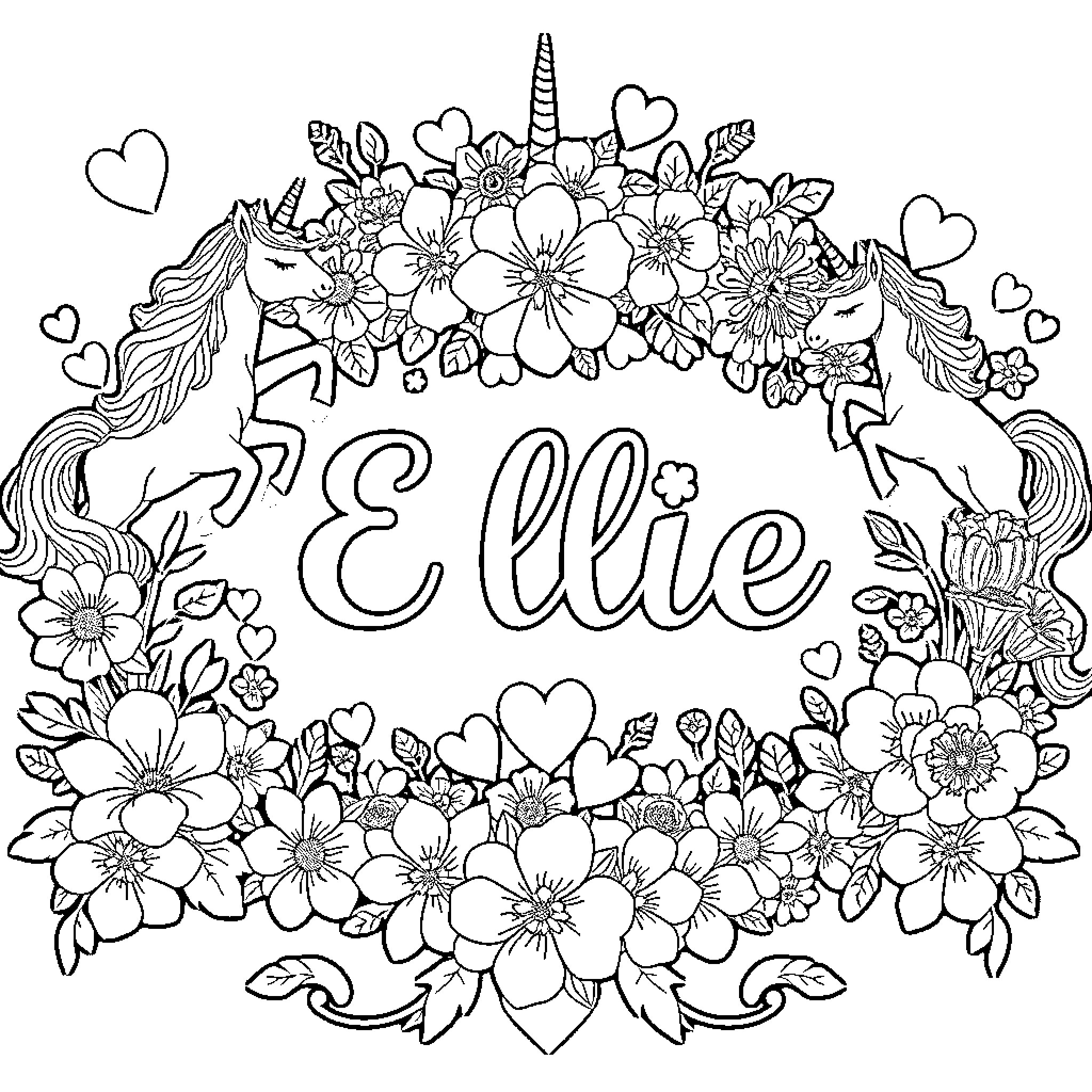 Ellie's Magical Floral Wonderland Coloring Page (free black-and-white line drawing printable PDF for all, from beginners to advanced learners, including children, teens, adults, and seniors)