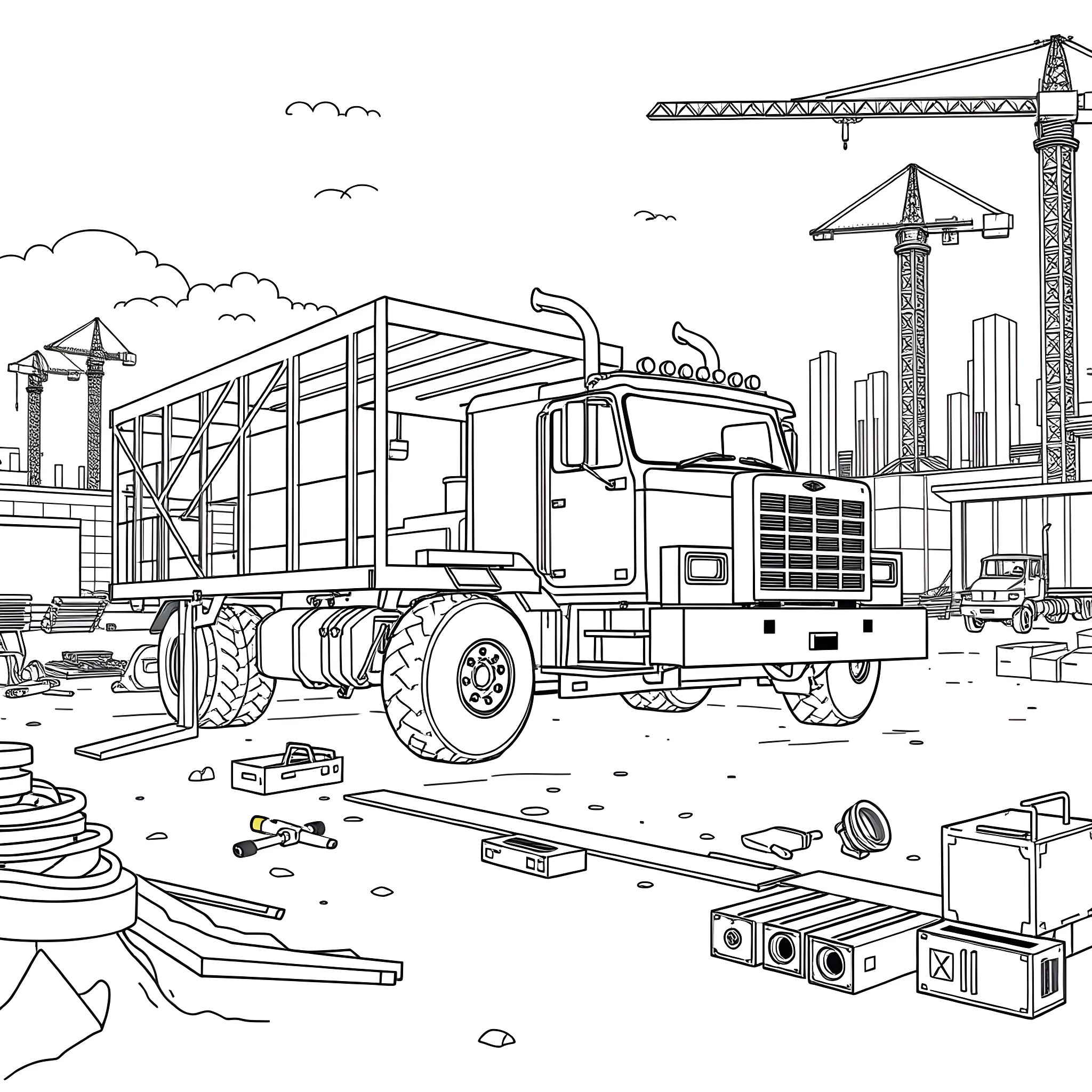 Ramp Truck Transporting Building Materials on Construction Site Coloring Page (free black-and-white line drawing printable PDF for all, from beginners to advanced learners, including children, teens, adults, and seniors)