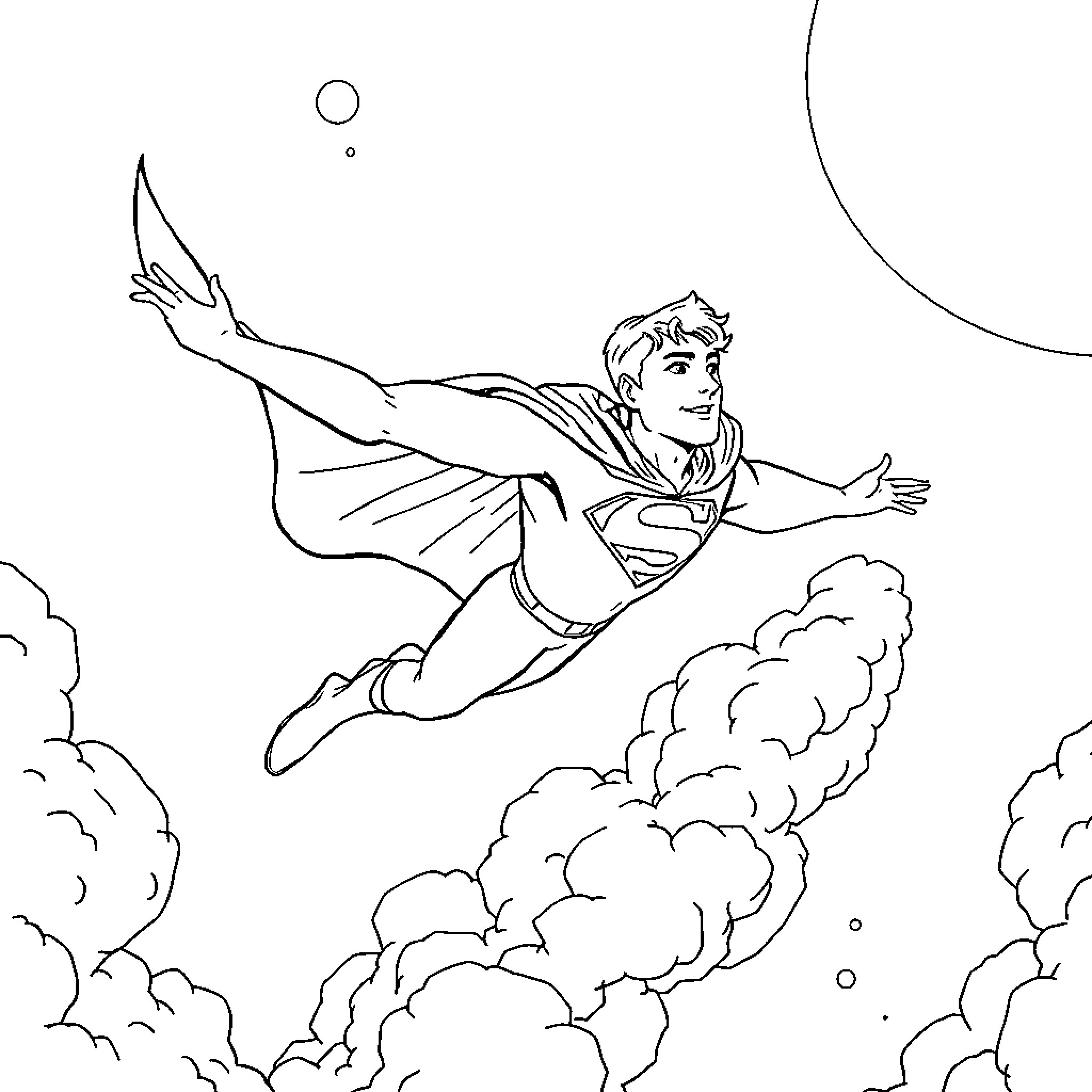 Superboy soaring heroically through the skies Coloring Page (free black-and-white line drawing printable PDF for all, from beginners to advanced learners, including children, teens, adults, and seniors)