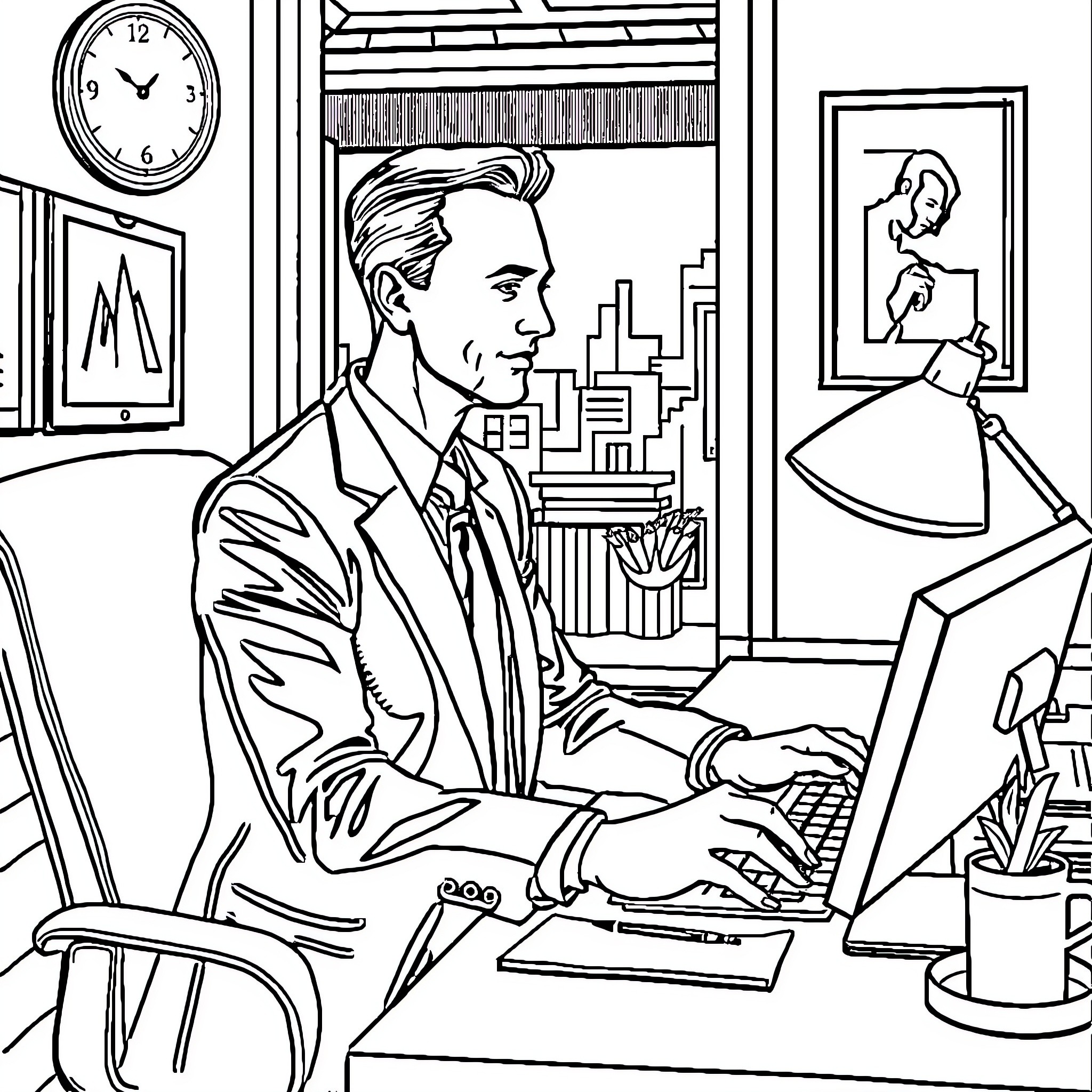 Man working diligently at his desk in the office Coloring Page (free black-and-white line drawing printable PDF for all, from beginners to advanced learners, including children, teens, adults, and seniors)