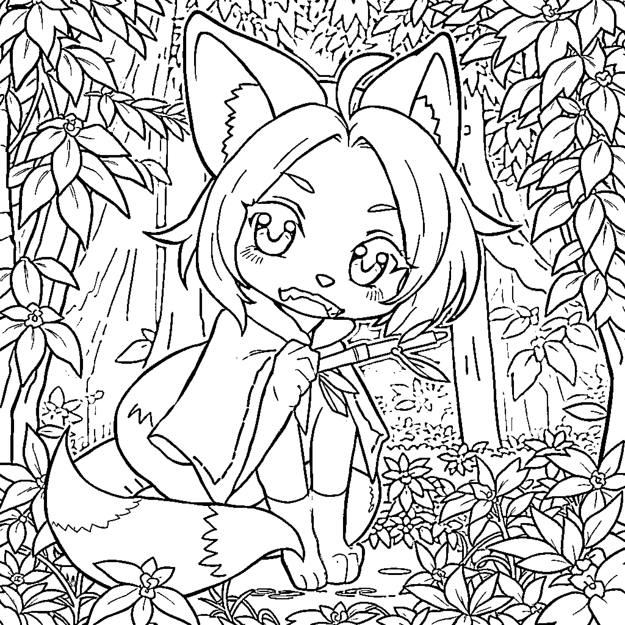 Nezuko in a lush forest setting Coloring Page (free black-and-white line drawing printable PDF for all, from beginners to advanced learners, including children, teens, adults, and seniors)