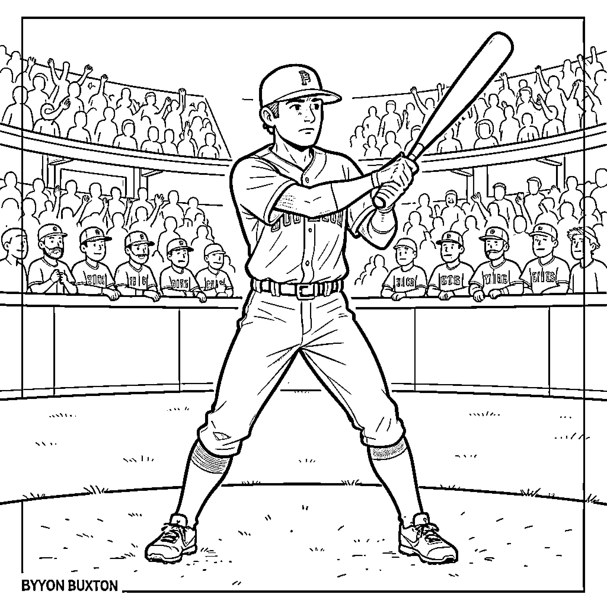 Byron Buxton holding a baseball bat in a stadium Coloring Page (free black-and-white line drawing printable PDF for all, from beginners to advanced learners, including children, teens, adults, and seniors)