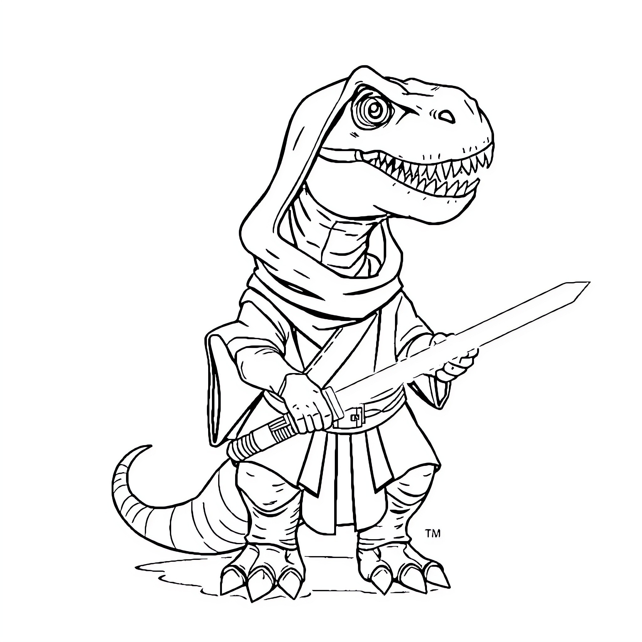 Dinosaur warrior wielding a sword Coloring Page (free black-and-white line drawing printable PDF for all, from beginners to advanced learners, including children, teens, adults, and seniors)
