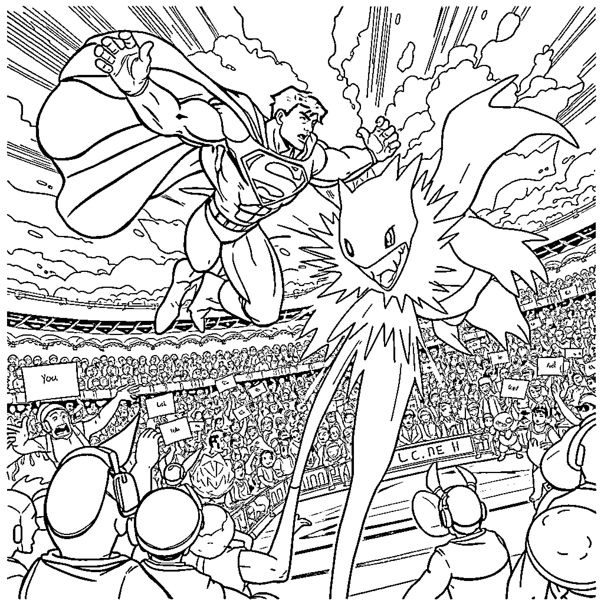 Superman battling a fierce monster in an epic showdown Coloring Page (free black-and-white line drawing printable PDF for all, from beginners to advanced learners, including children, teens, adults, and seniors)