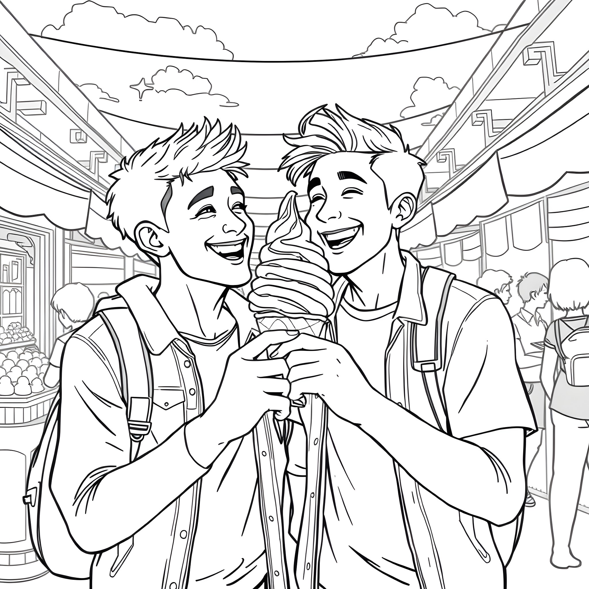 Viktor and friend sharing an ice cream under the sky Coloring Page (free black-and-white line drawing printable PDF for all, from beginners to advanced learners, including children, teens, adults, and seniors)