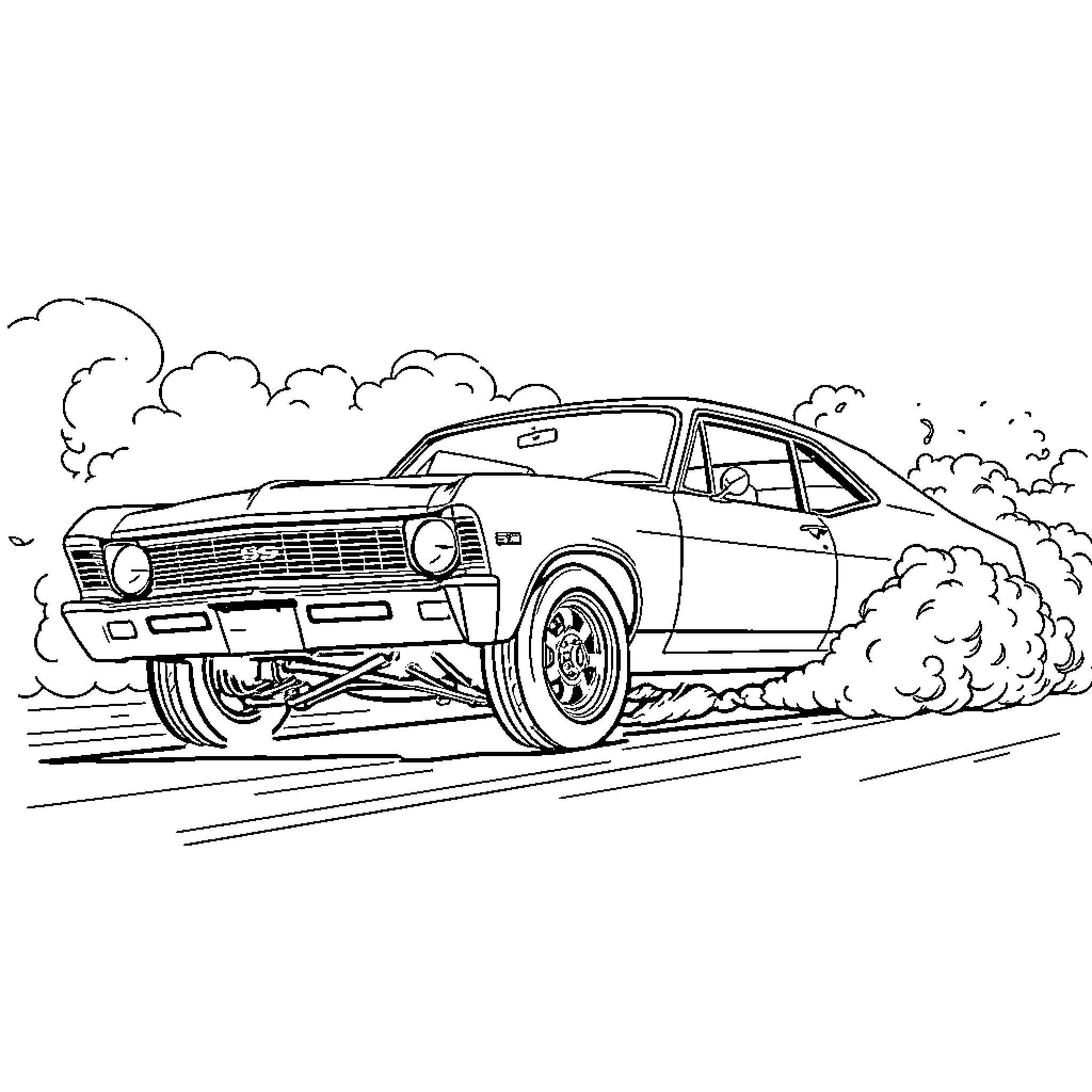 Chevy Nova racing on the street Coloring Page (free black-and-white line drawing printable PDF for all, from beginners to advanced learners, including children, teens, adults, and seniors)