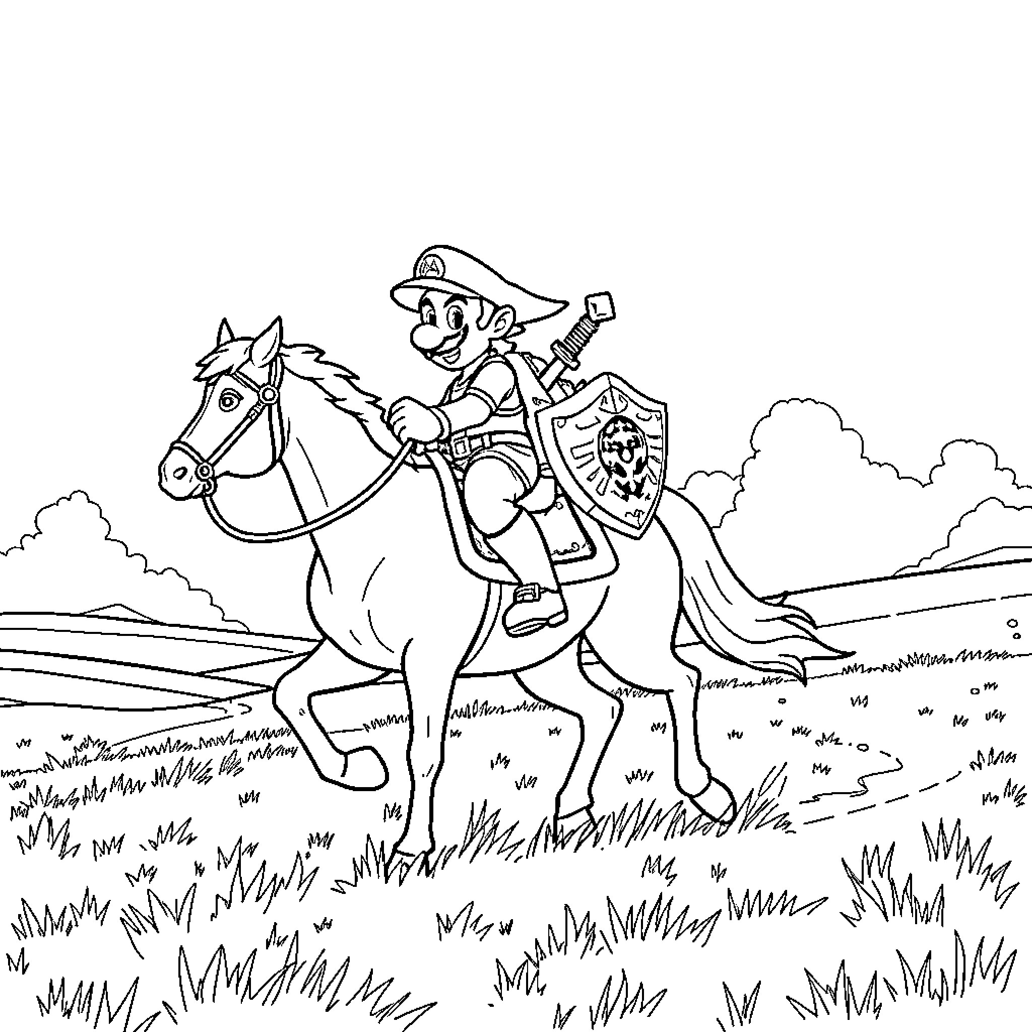 Mario riding a horse on a field Coloring Page (free black-and-white line drawing printable PDF for all, from beginners to advanced learners, including children, teens, adults, and seniors)