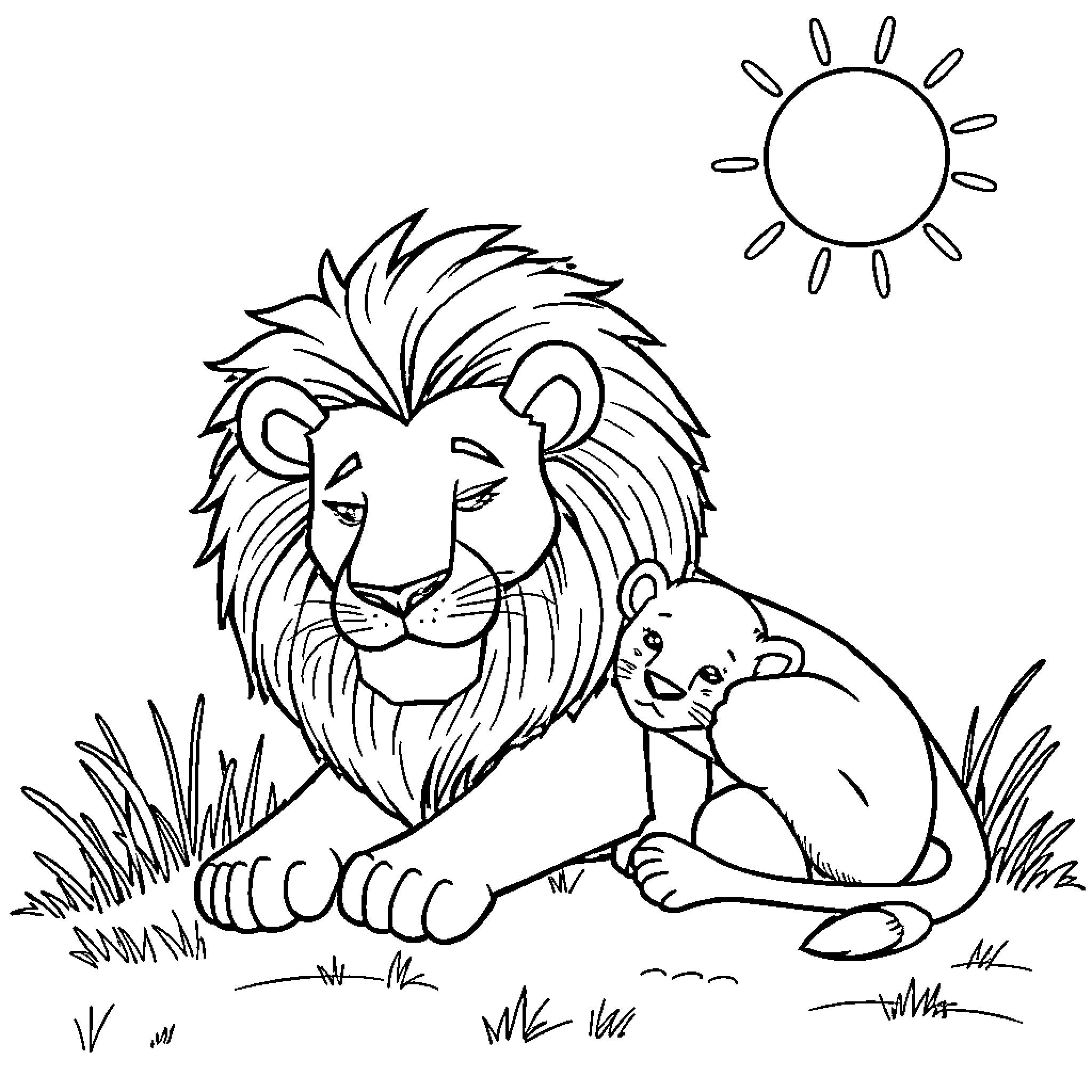 Lion with cub resting in grassy field under sun Coloring Page (free black-and-white line drawing printable PDF for all, from beginners to advanced learners, including children, teens, adults, and seniors)
