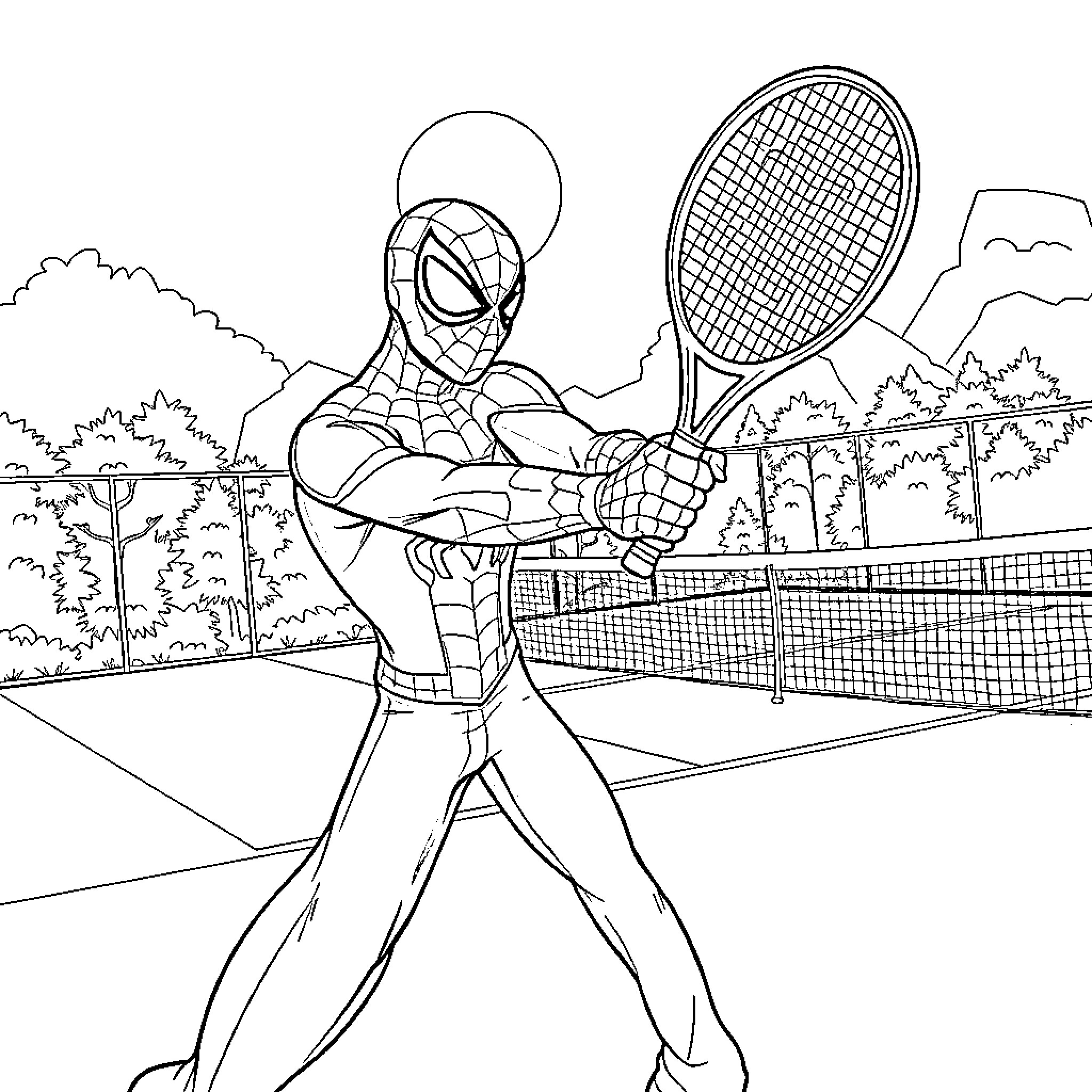 Spiderman playing tennis on the court Coloring Page (free black-and-white line drawing printable PDF for all, from beginners to advanced learners, including children, teens, adults, and seniors)