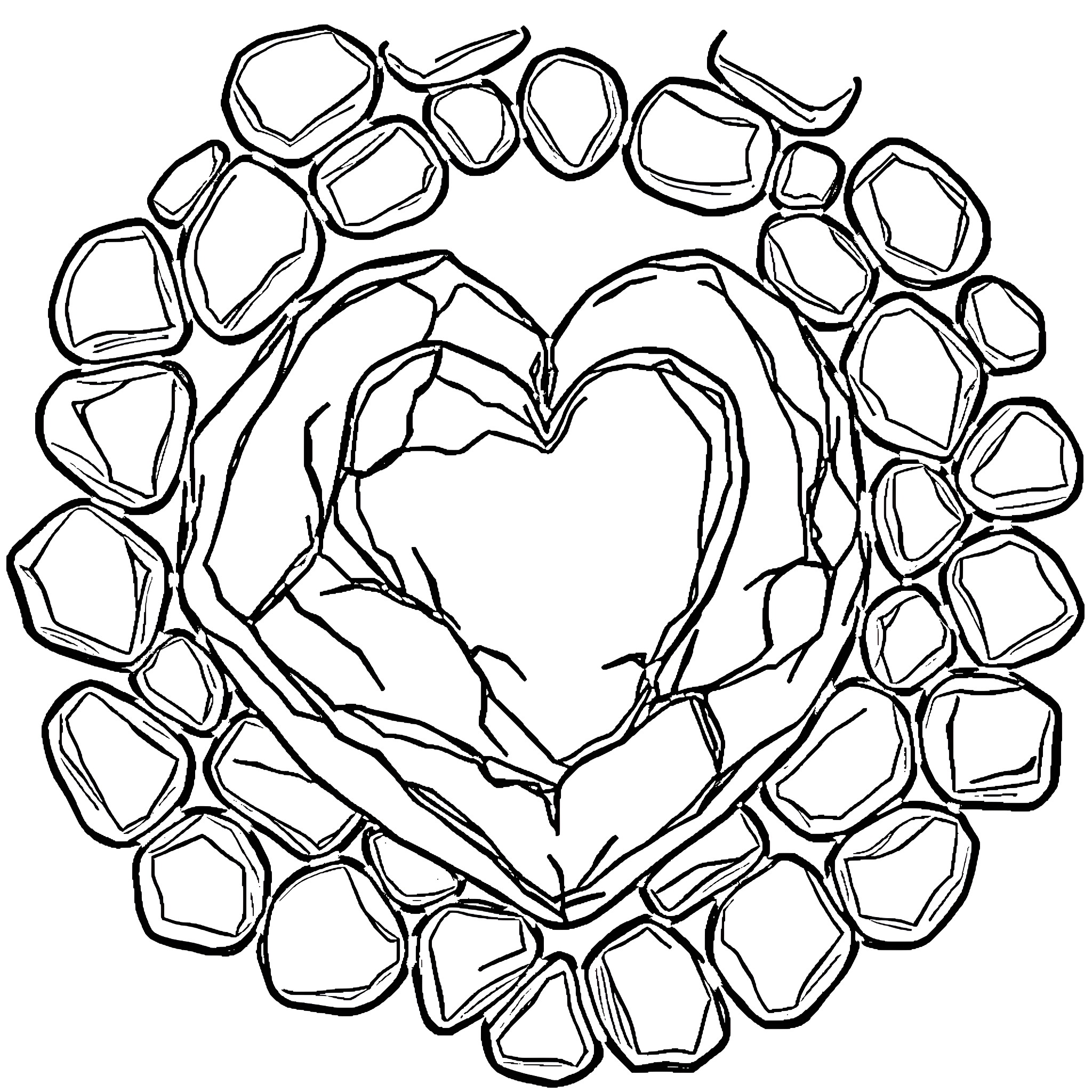 Heart shaped stained glass mosaic design Coloring Page (free black-and-white line drawing printable PDF for all, from beginners to advanced learners, including children, teens, adults, and seniors)