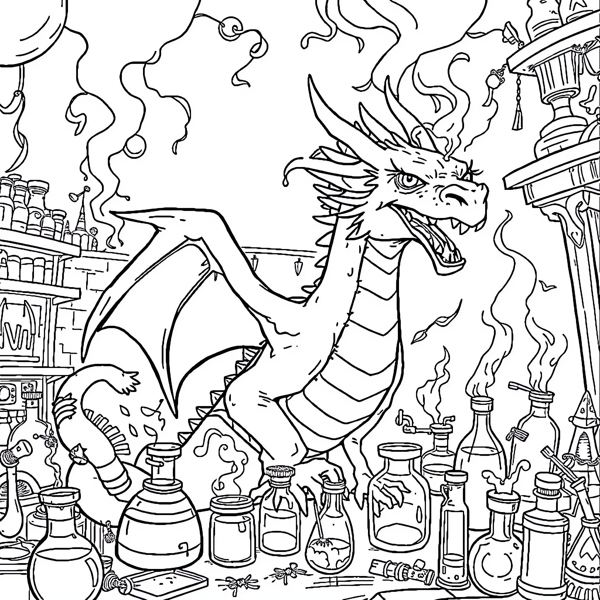 Dragon brewing magical potions in a laboratory Coloring Page (free black-and-white line drawing printable PDF for all, from beginners to advanced learners, including children, teens, adults, and seniors)