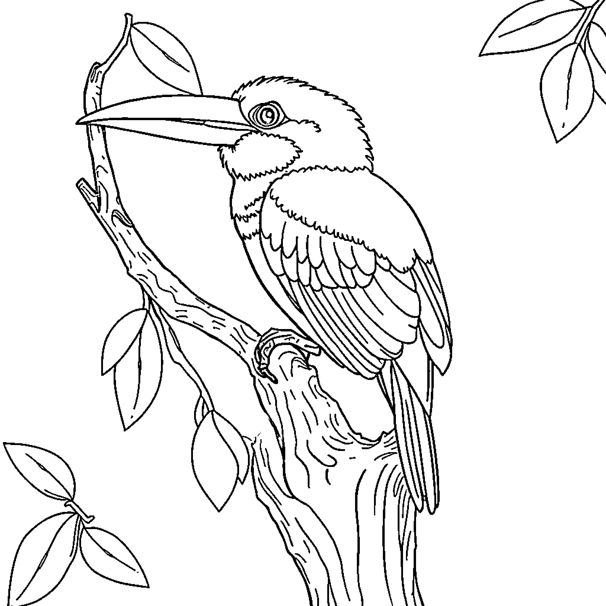 Bird perching on branch in nature Coloring Page (free black-and-white line drawing printable PDF for all, from beginners to advanced learners, including children, teens, adults, and seniors)