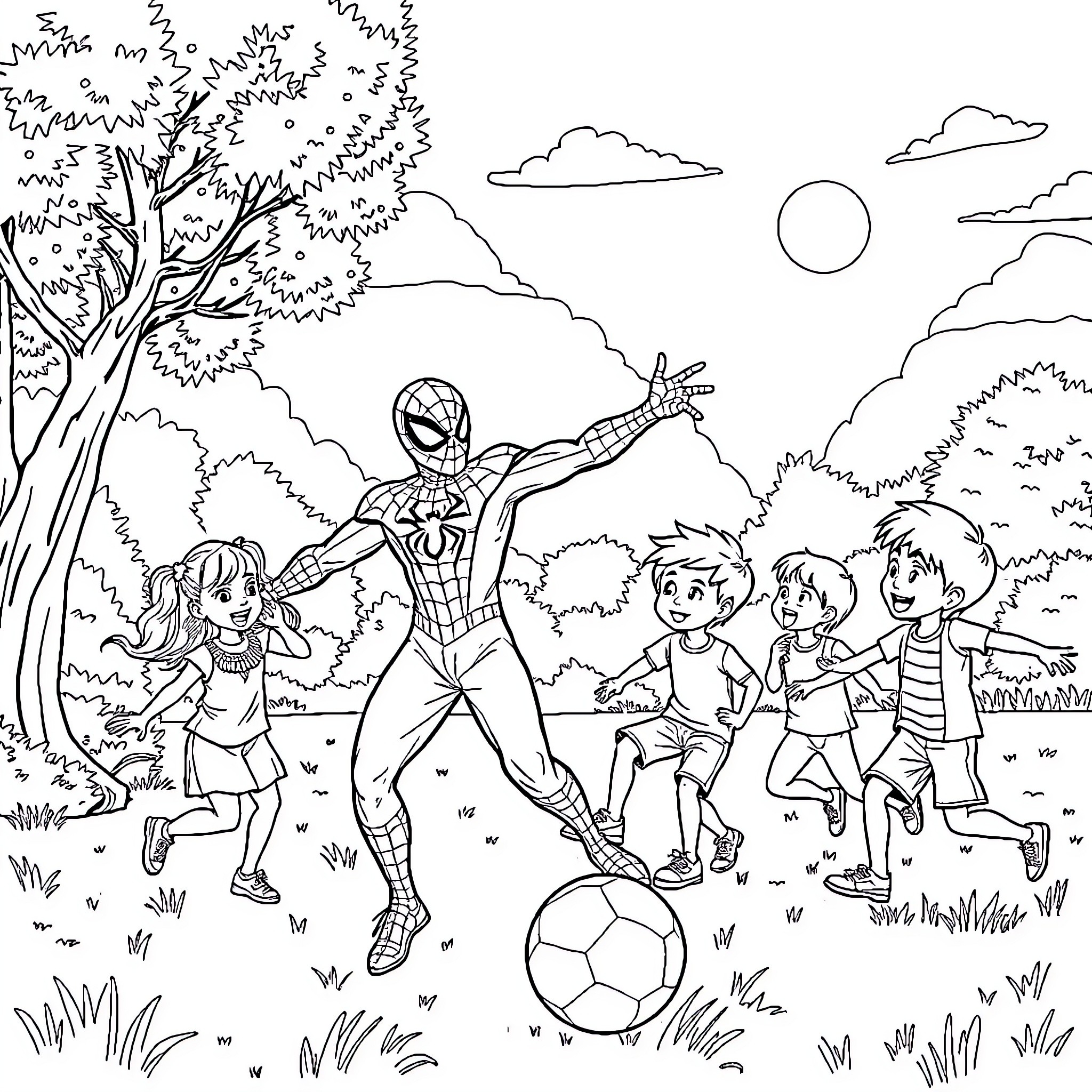 Spider-Man playing soccer with kids in the park Coloring Page (free black-and-white line drawing printable PDF for all, from beginners to advanced learners, including children, teens, adults, and seniors)