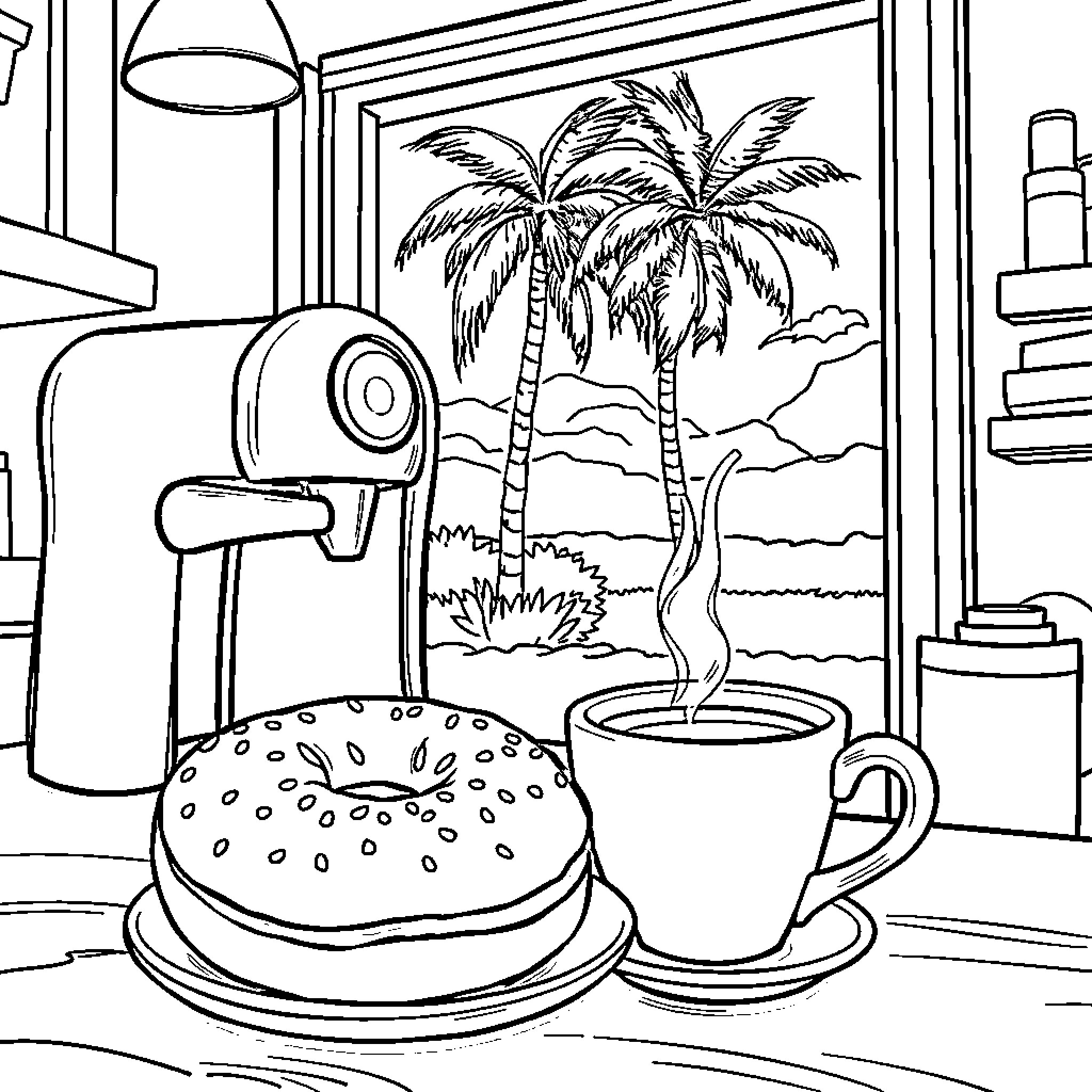 Bagel on a Cozy Cafe Table Coloring Page (free black-and-white line drawing printable PDF for all, from beginners to advanced learners, including children, teens, adults, and seniors)