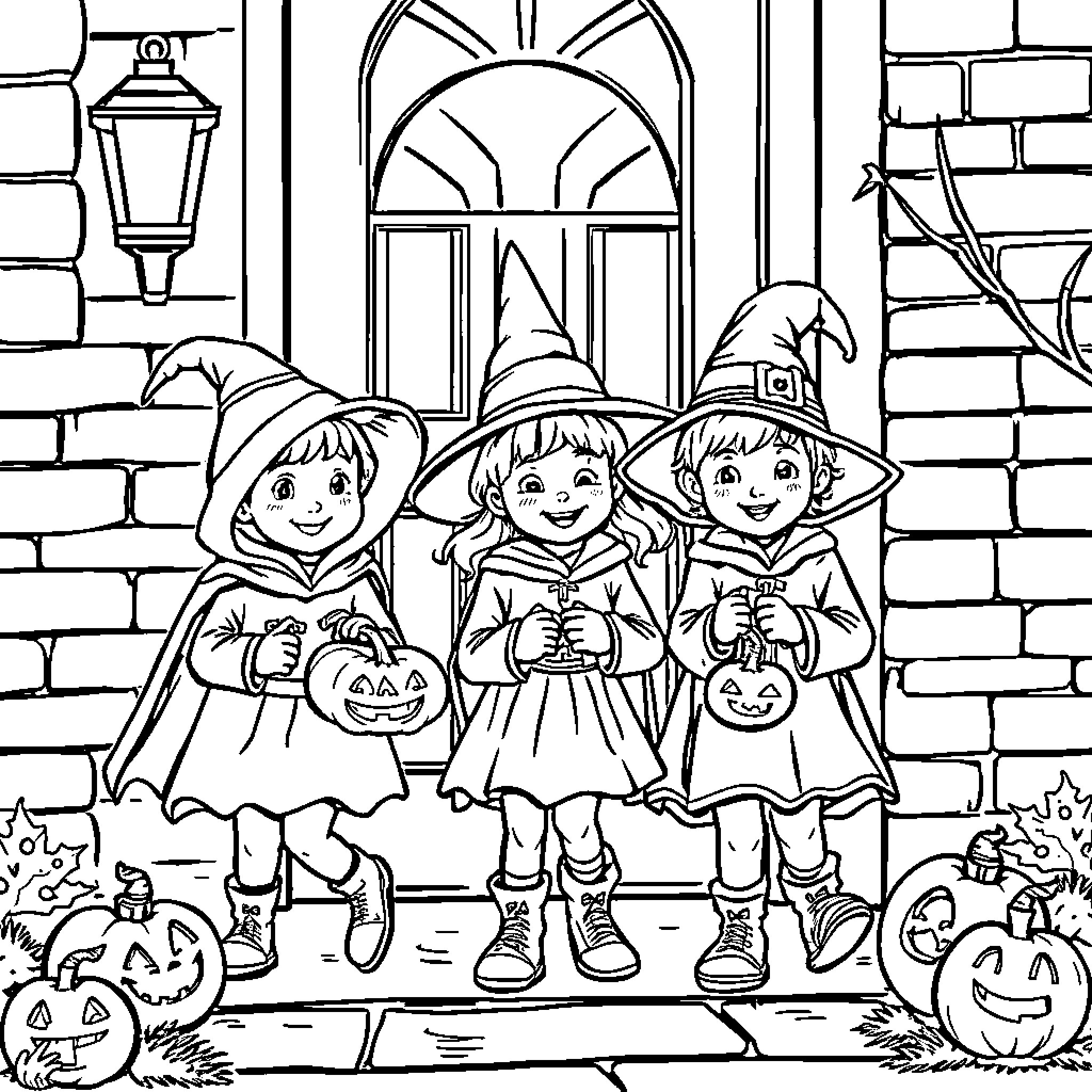 Kid Trick-or-Treating in Halloween Costumes Coloring Page (free black-and-white line drawing printable PDF for all, from beginners to advanced learners, including children, teens, adults, and seniors)