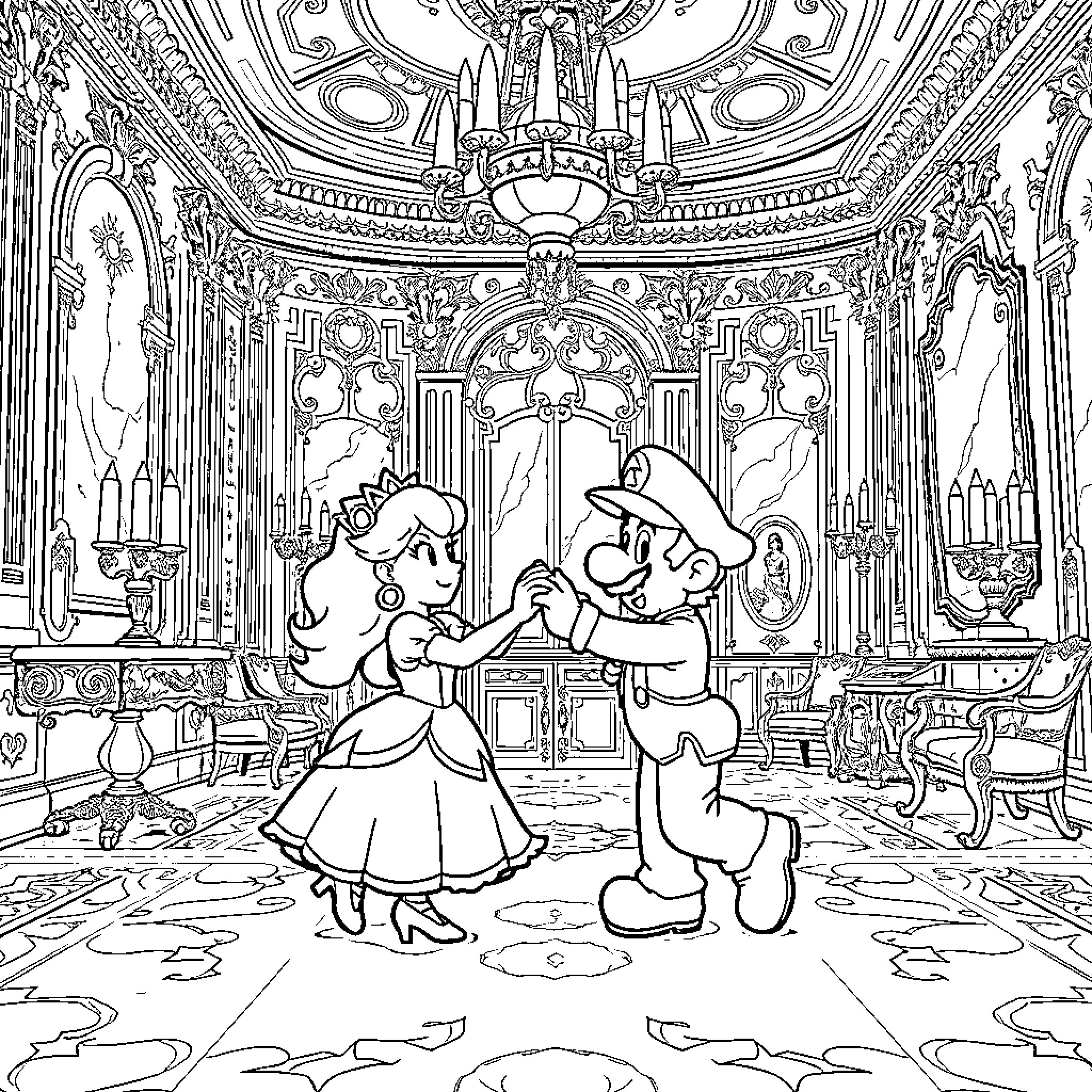 Mario and Princess Dancing in a Regal Palace Coloring Page (free black-and-white line drawing printable PDF for all, from beginners to advanced learners, including children, teens, adults, and seniors)