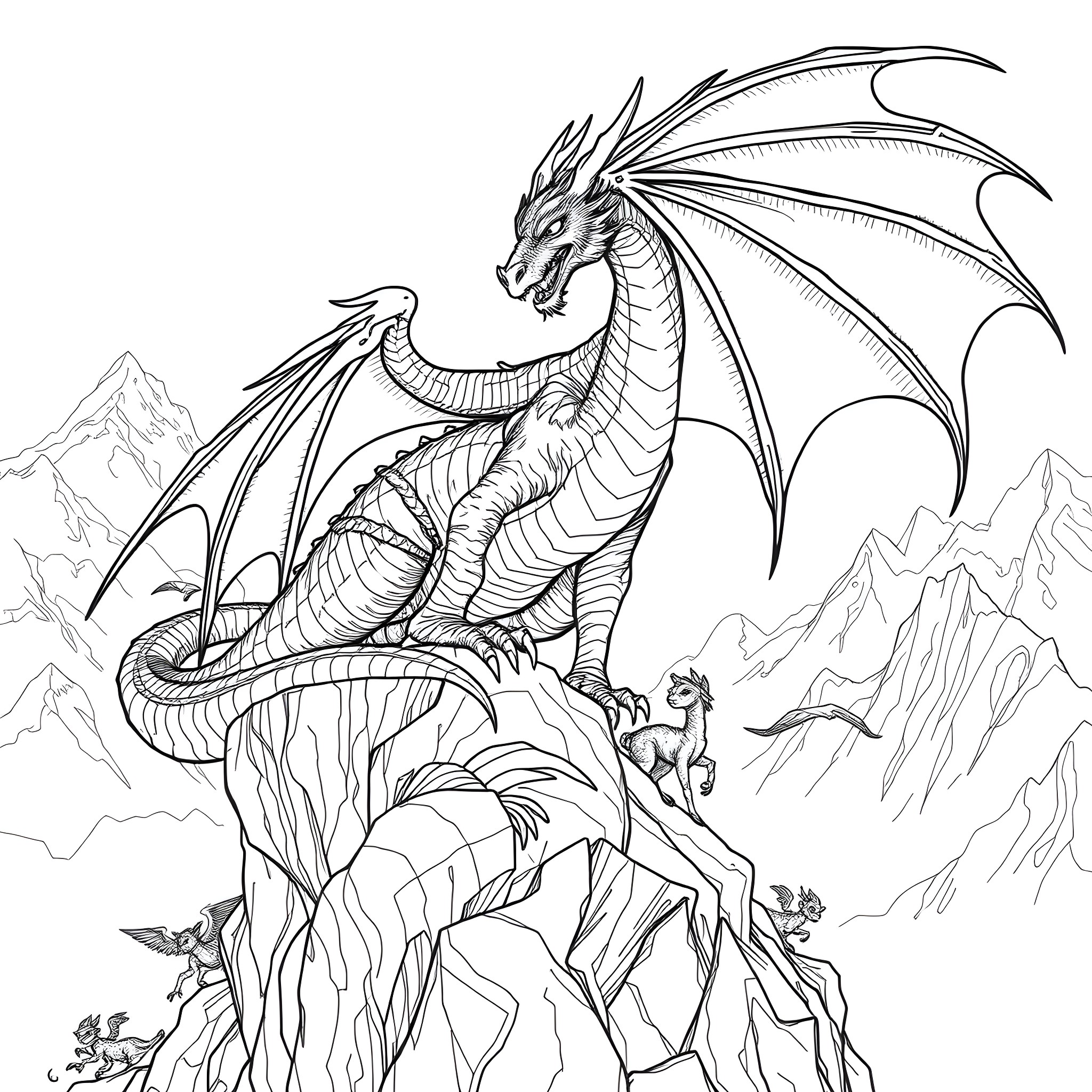 Dragon soaring majestically over a mountainous landscape Coloring Page (free black-and-white line drawing printable PDF for all, from beginners to advanced learners, including children, teens, adults, and seniors)