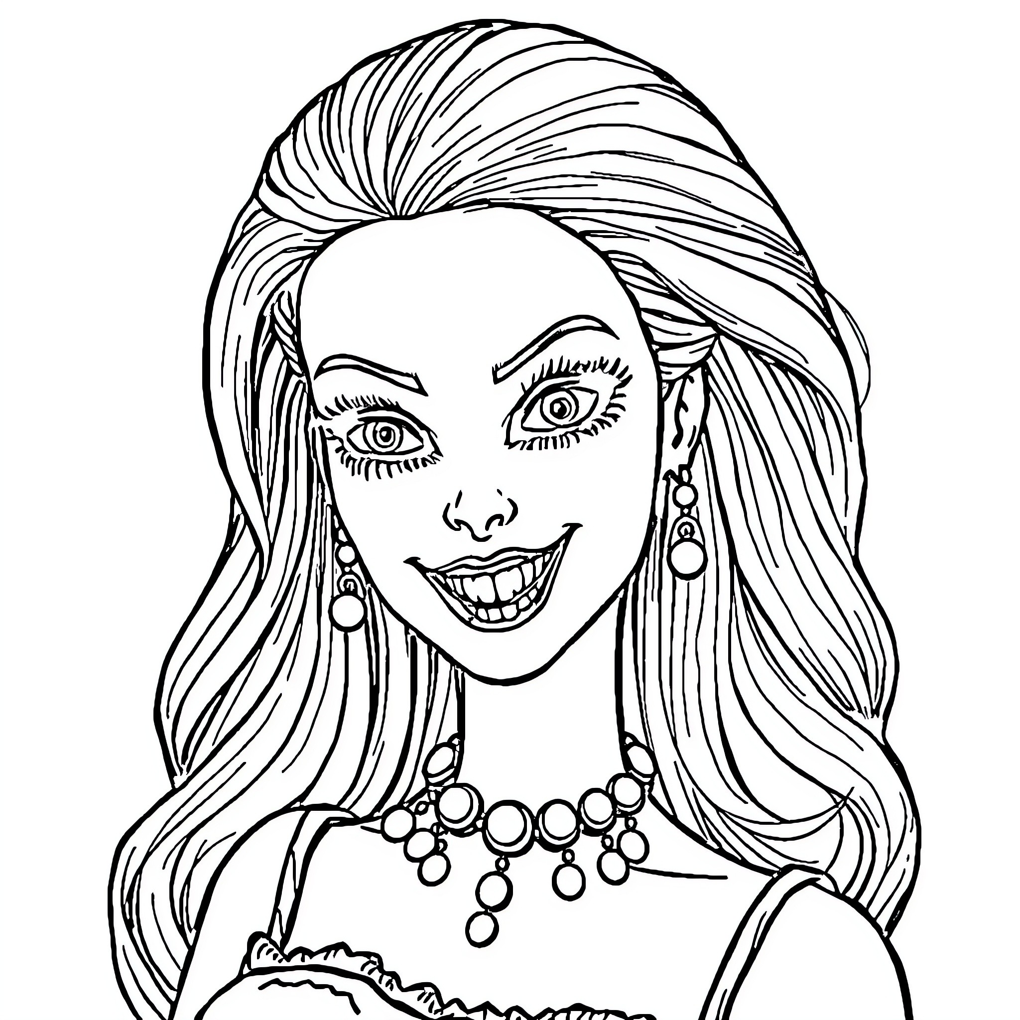 Barbie posing stylishly with elegant jewelry Coloring Page (free black-and-white line drawing printable PDF for all, from beginners to advanced learners, including children, teens, adults, and seniors)