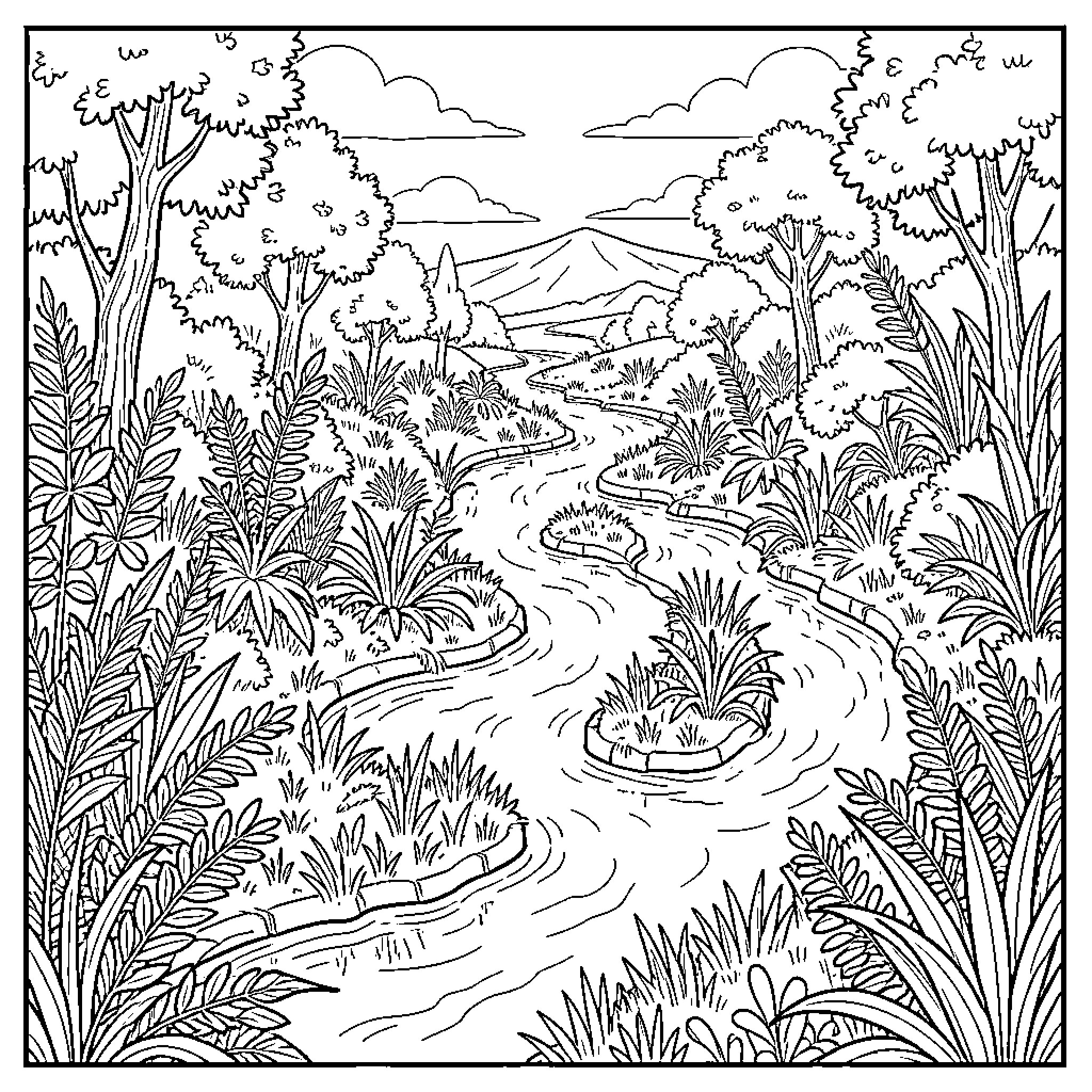 River Winding Through Lush Jungle Landscape Coloring Page (free black-and-white line drawing printable PDF for all, from beginners to advanced learners, including children, teens, adults, and seniors)