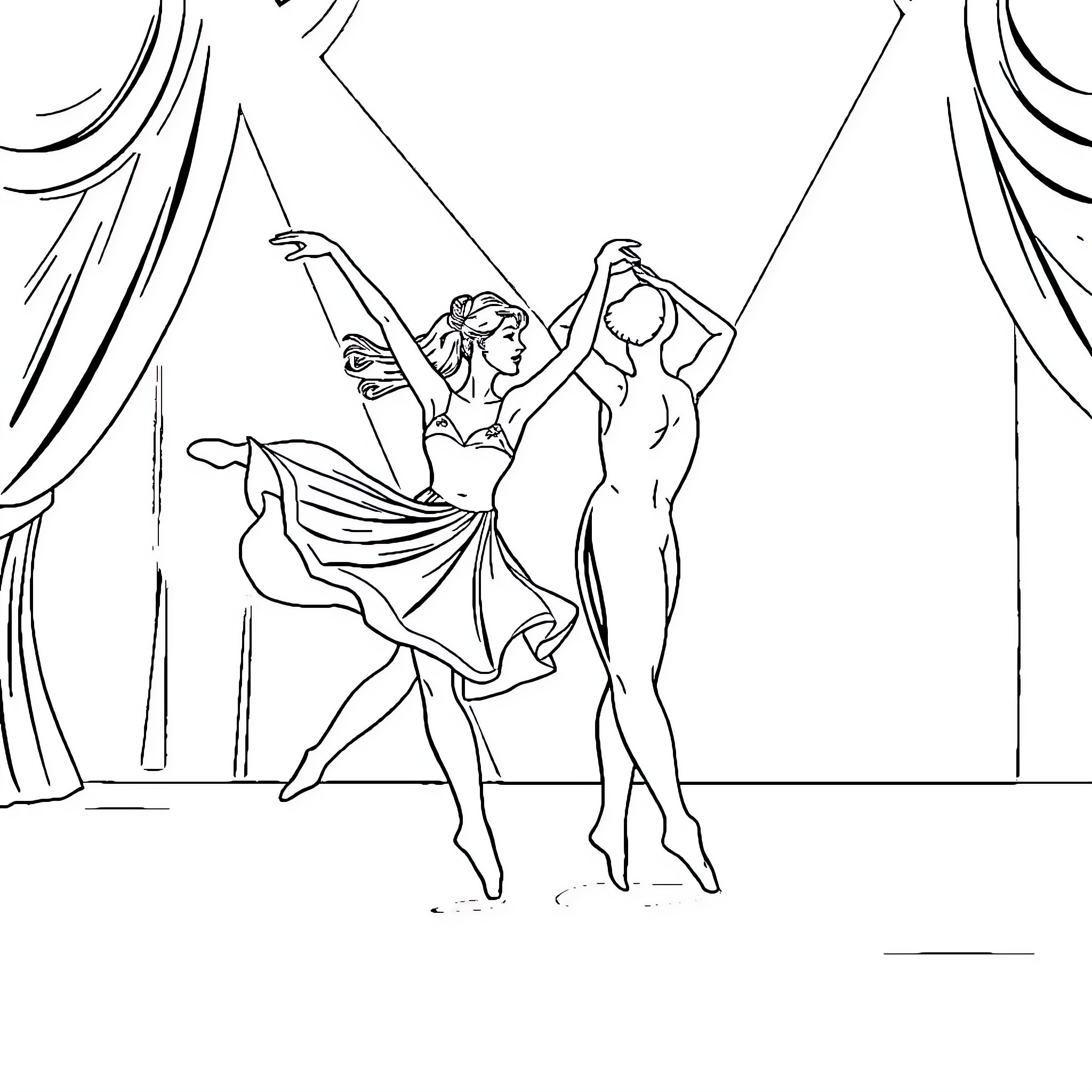 Dancer performing dramatic stage routine Coloring Page (free black-and-white line drawing printable PDF for all, from beginners to advanced learners, including children, teens, adults, and seniors)